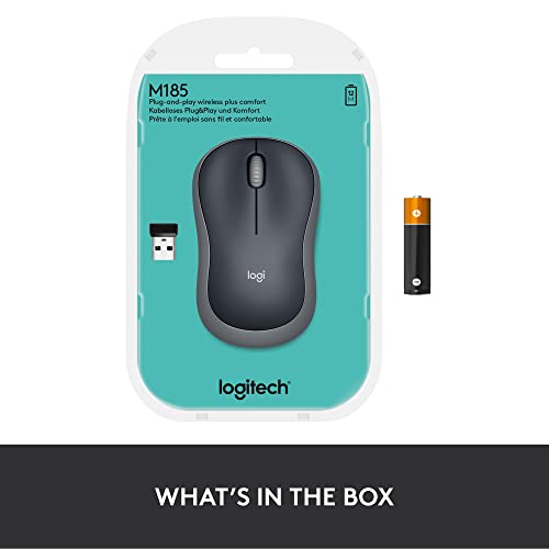 Logitech M185 Wireless Mouse, 2.4GHz with USB Mini Receiver, 12-Month Battery Life, 1000 DPI Optical Tracking, Ambidextrous PC/Mac/Laptop - Swift Gray