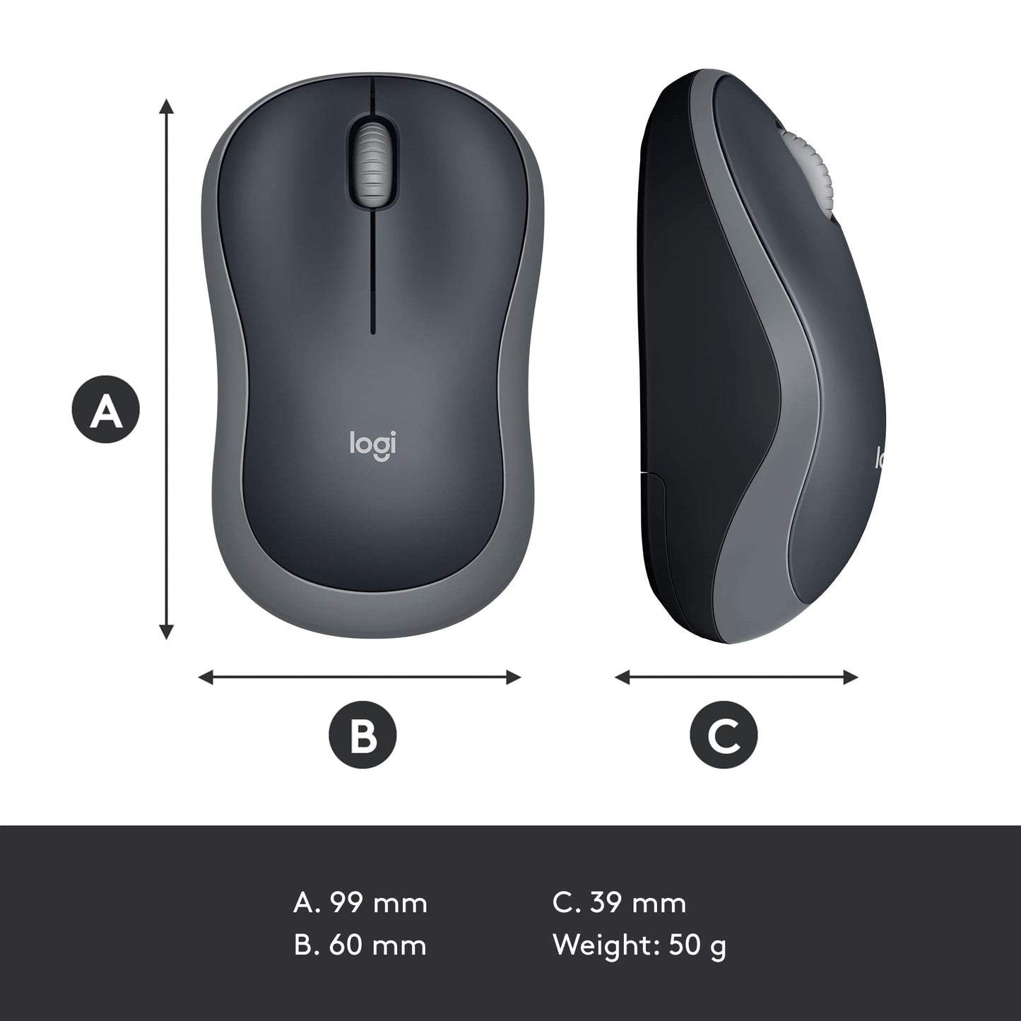 Logitech M185 Wireless Mouse, 2.4GHz with USB Mini Receiver, 12-Month Battery Life, 1000 DPI Optical Tracking, Ambidextrous PC/Mac/Laptop - Swift Gray