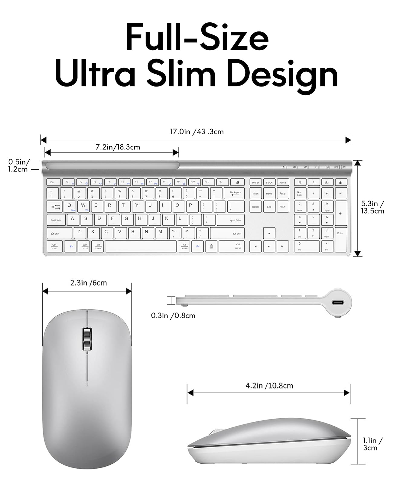 Wireless Keyboard and Mouse Combo, CHESONA Bluetooth Rechargeable Full Size Mulit-Device (Bluetooth 5.0+3.0+2.4G) Wireless Keyboard Mouse Combo for Mac OS/iOS/Windows/Android (Silver Black)