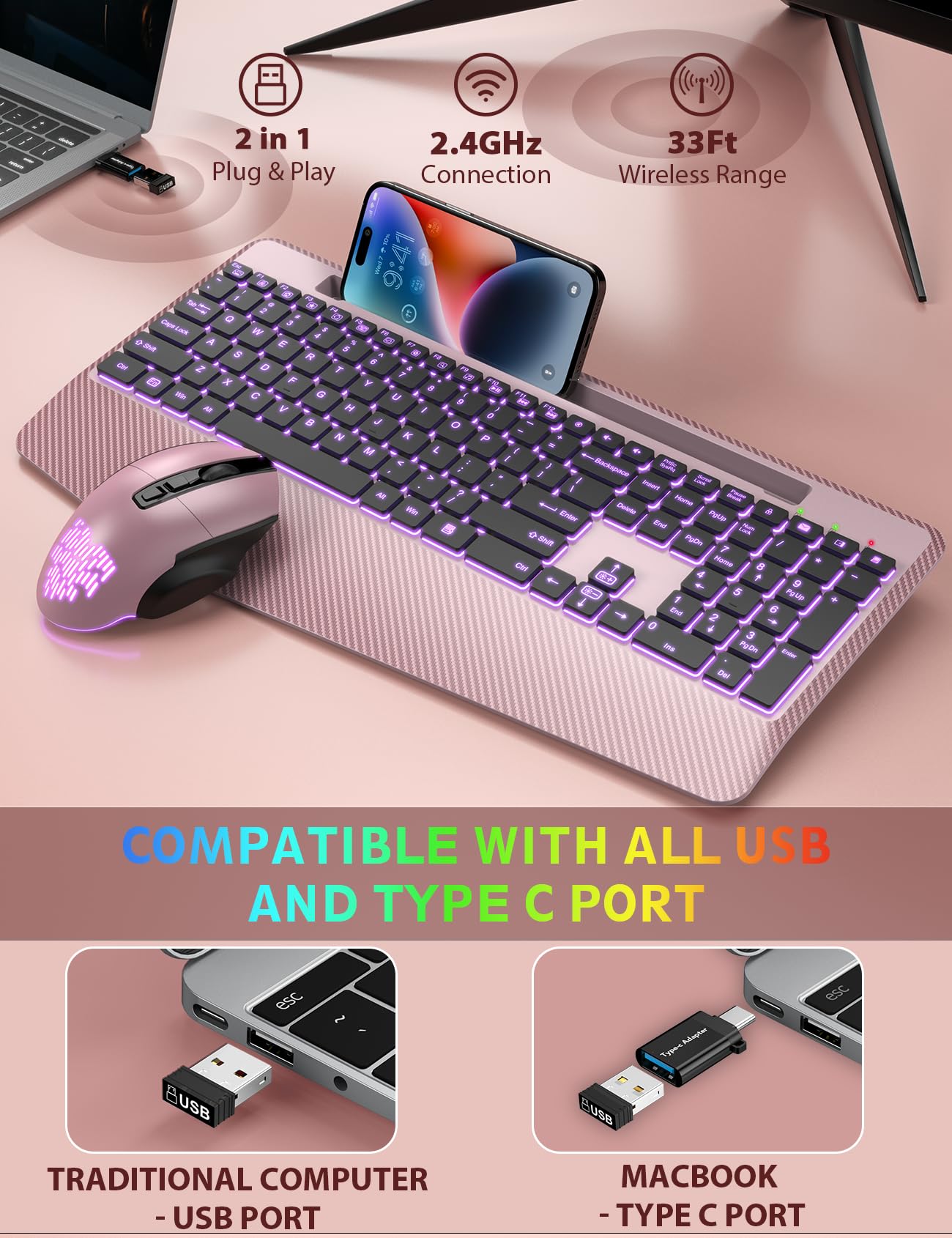 Wireless Keyboard and Mouse Backlits, Wrist Rest, Jiggler Mouse, Rechargeable Ergonomic Keyboard with Phone Holder, Silent Light Up Combo for Computer, Mac, PC, Laptop, Chromebook (Black)