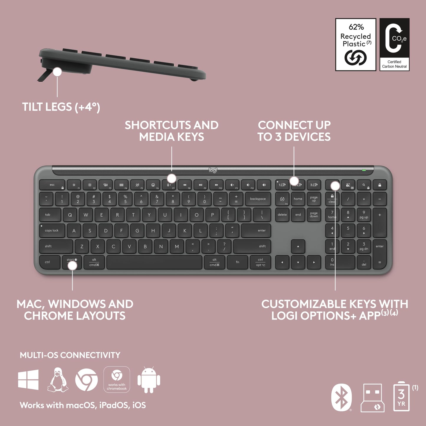 Logitech MK955 Signature Slim Wireless Keyboard and Mouse Combo, for Larger Hands, Quiet Typing and Clicking, Switch Across Three Devices, Bluetooth, Multi-OS, for Windows and Mac - Graphite