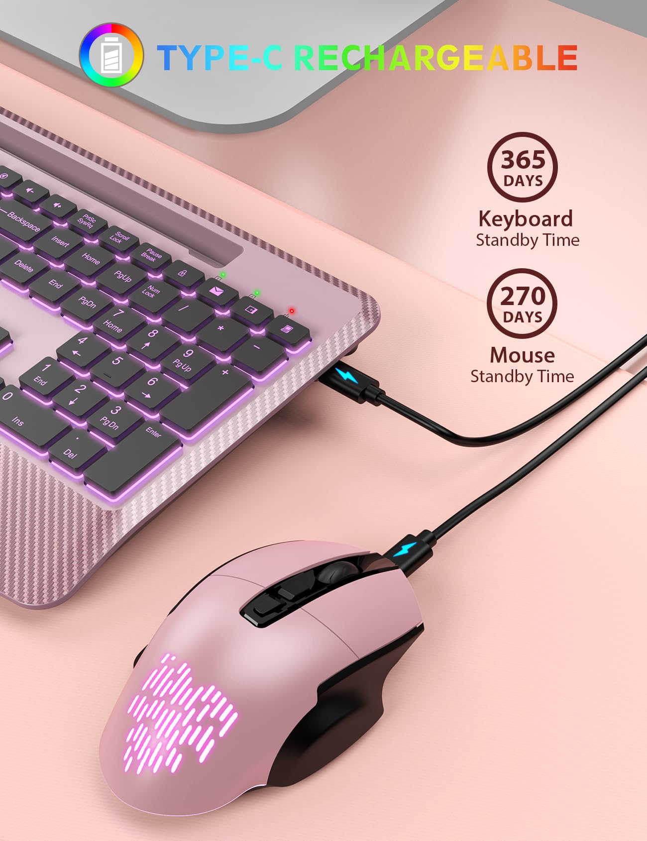 Wireless Keyboard and Mouse Backlits, Wrist Rest, Jiggler Mouse, Rechargeable Ergonomic Keyboard with Phone Holder, Silent Light Up Combo for Computer, Mac, PC, Laptop, Chromebook (Black)