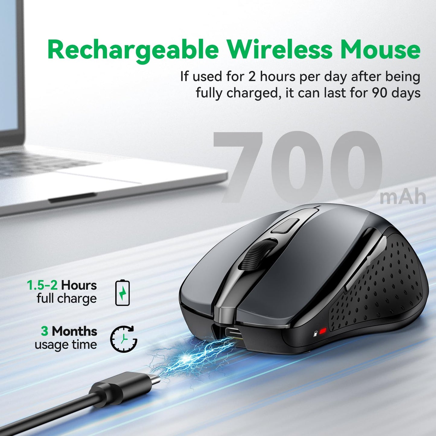 Wireless Mouse (BT5.0/3.0 & 2.4G) Rechargeable Bluetooth Mouse for Laptop, 4800 DPI Silent Computer Mouse, 8 Buttons Cordless Mouse for Mac, Portable PC Mouse for MacBook Pro Air Chromebook