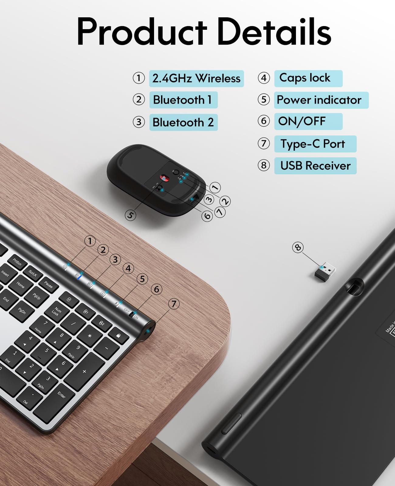 Wireless Keyboard and Mouse Combo, CHESONA Bluetooth Rechargeable Full Size Mulit-Device (Bluetooth 5.0+3.0+2.4G) Wireless Keyboard Mouse Combo for Mac OS/iOS/Windows/Android (Silver Black)