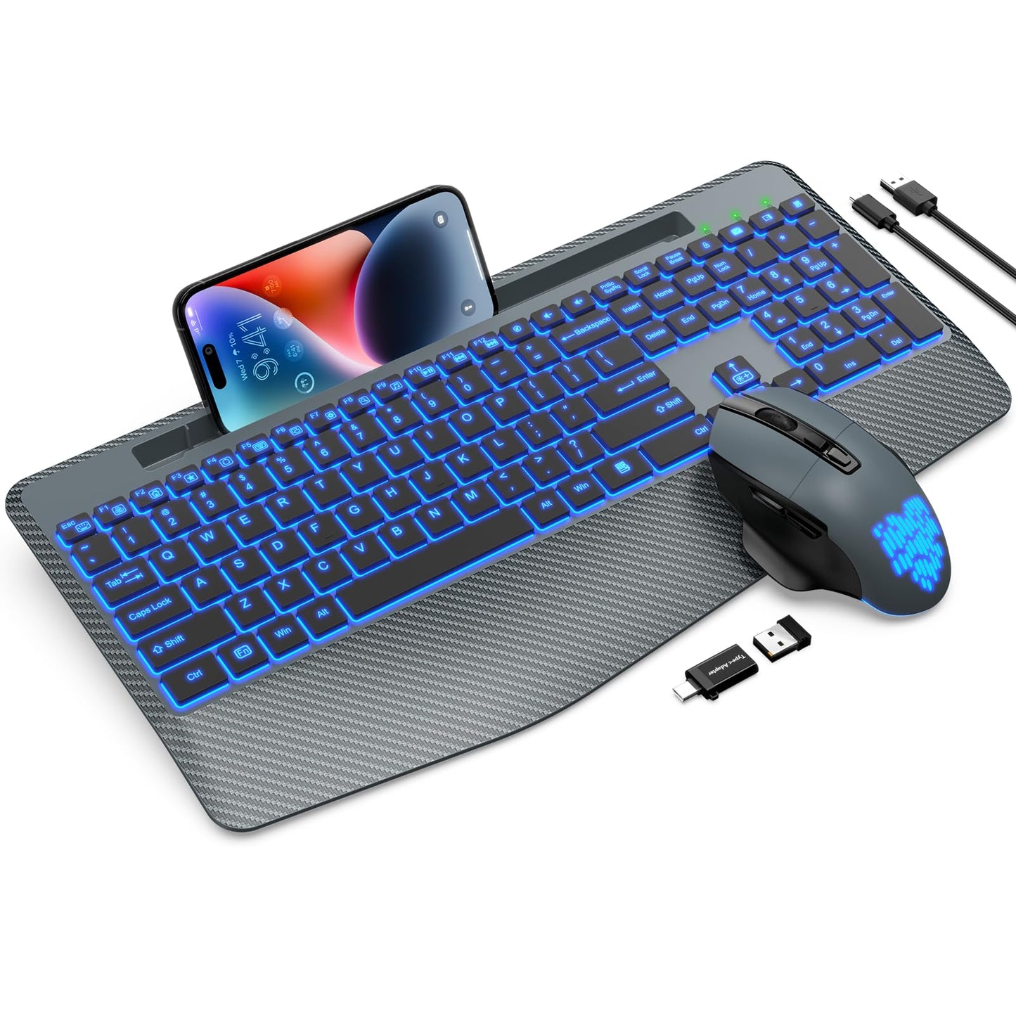 Wireless Keyboard and Mouse Backlits, Wrist Rest, Jiggler Mouse, Rechargeable Ergonomic Keyboard with Phone Holder, Silent Light Up Combo for Computer, Mac, PC, Laptop, Chromebook (Black)