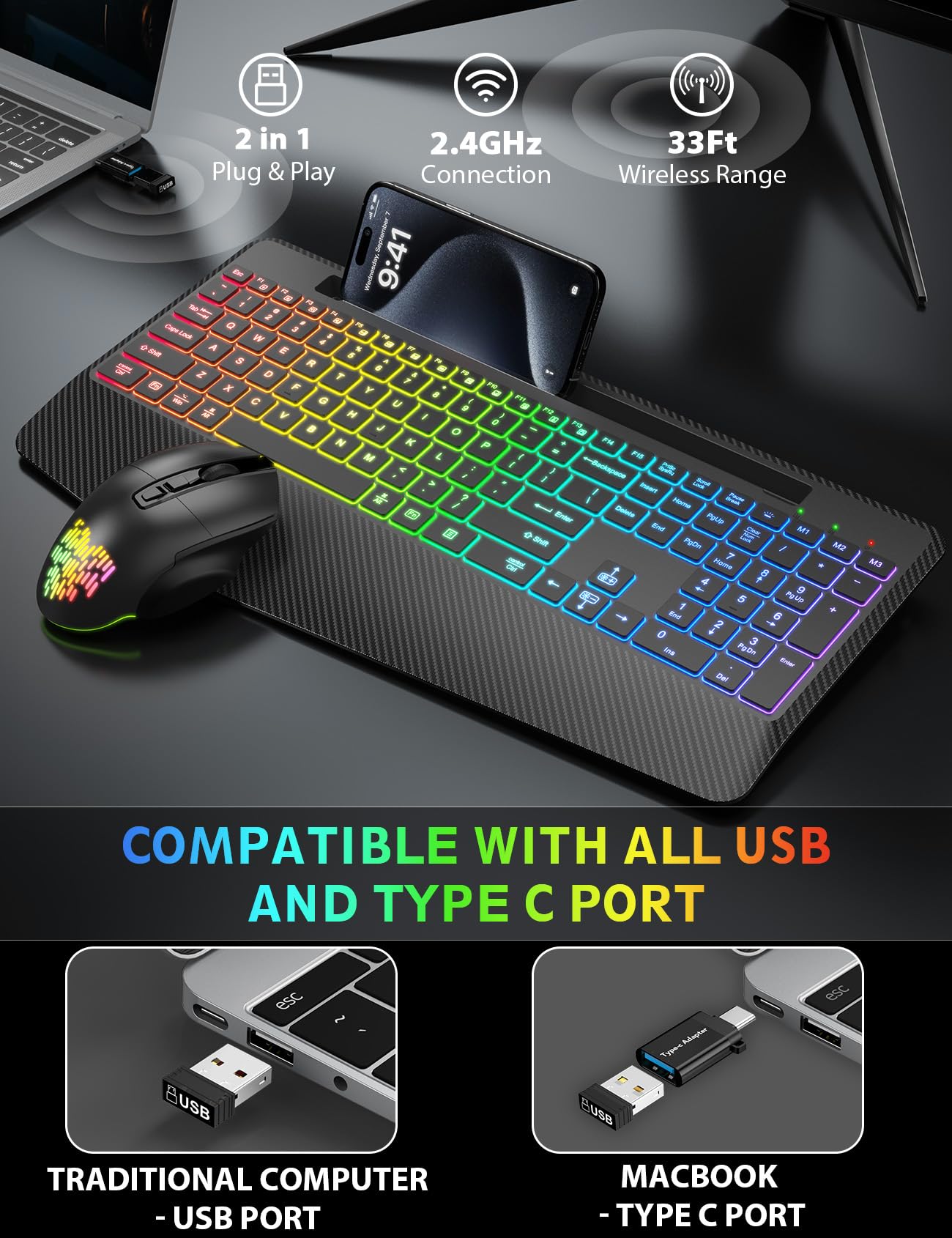 Wireless Keyboard and Mouse Backlits, Wrist Rest, Jiggler Mouse, Rechargeable Ergonomic Keyboard with Phone Holder, Silent Light Up Combo for Computer, Mac, PC, Laptop, Chromebook (Black)