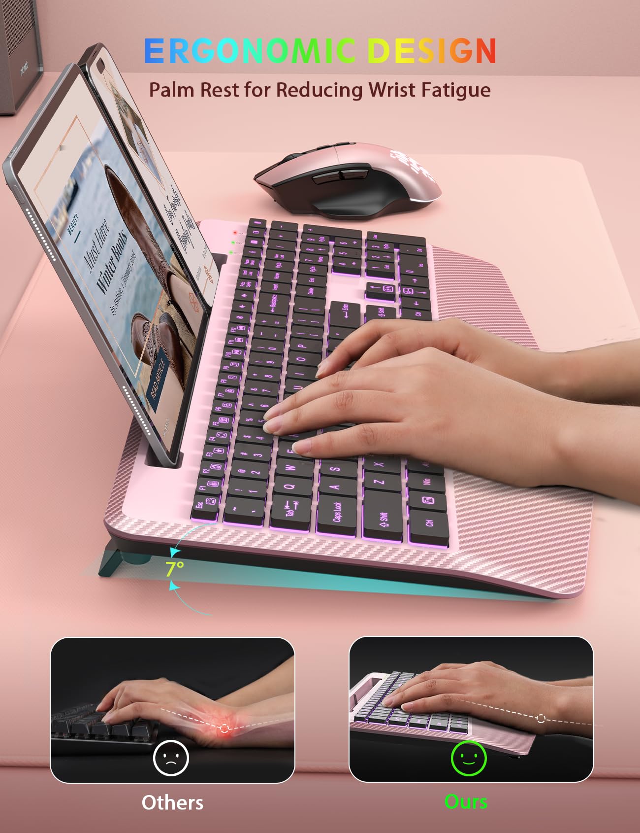 Wireless Keyboard and Mouse Backlits, Wrist Rest, Jiggler Mouse, Rechargeable Ergonomic Keyboard with Phone Holder, Silent Light Up Combo for Computer, Mac, PC, Laptop, Chromebook (Black)