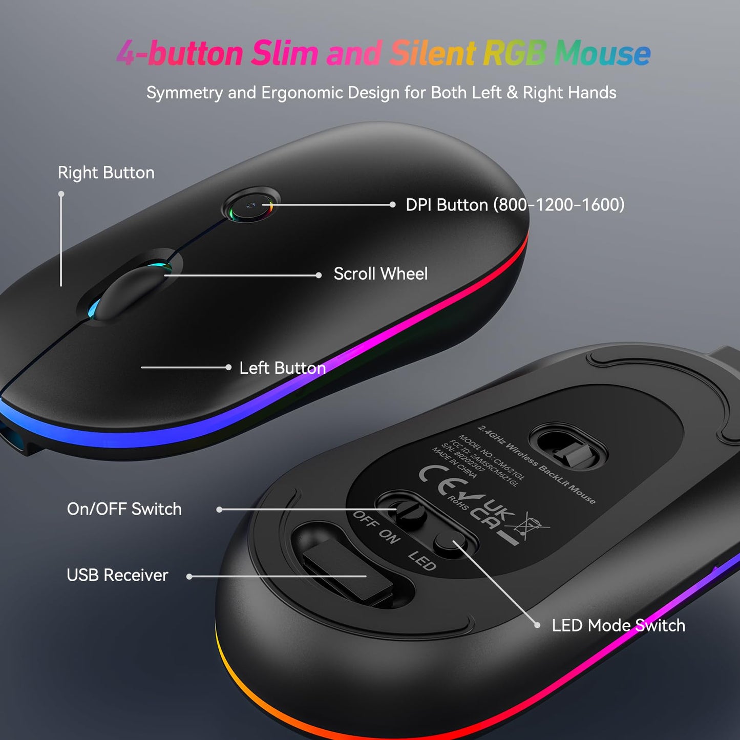 Wireless Keyboard and Mouse Combo With Backlit,2.4G Full Size Ergonomic Keyboard with Light Up Letters,Rechargeable and Slim RGB Mouse,Silent Click For Windows/MAC PC,Laptop,Chromebook,Surface,Macbook