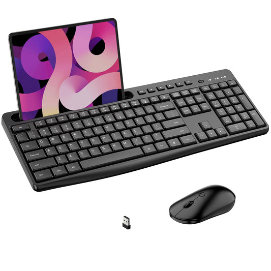 Wireless Keyboard and Mouse Combo, Acebaff 2.4G Quiet Wireless Keyboard Mouse with Phone Tablet Holder,11 Shortcut Keys,Cordless USB Mouse and Keyboard for Computer,PC,Mac,Windows