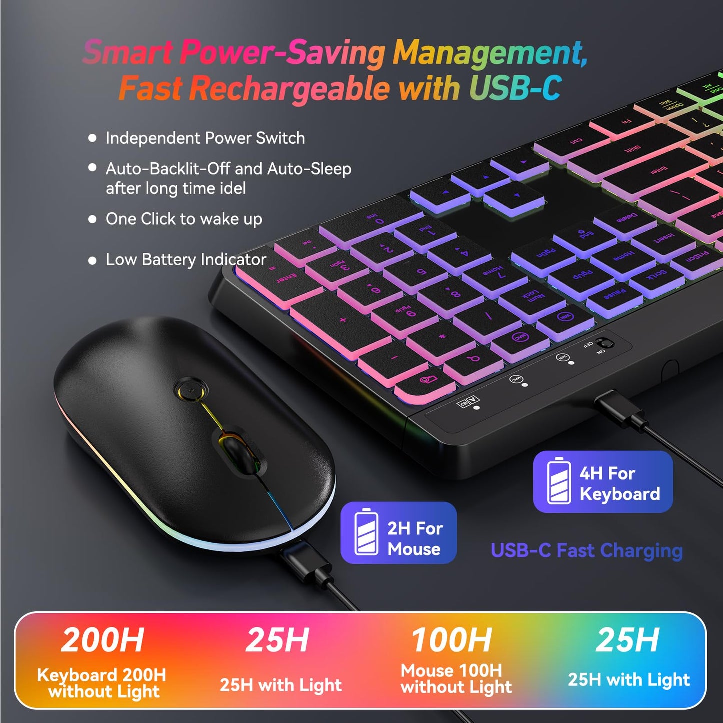 Wireless Keyboard and Mouse Combo With Backlit,2.4G Full Size Ergonomic Keyboard with Light Up Letters,Rechargeable and Slim RGB Mouse,Silent Click For Windows/MAC PC,Laptop,Chromebook,Surface,Macbook