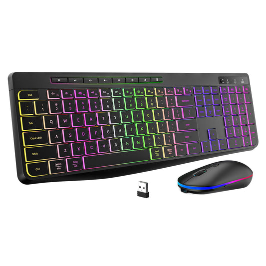 Wireless Keyboard and Mouse Combo With Backlit,2.4G Full Size Ergonomic Keyboard with Light Up Letters,Rechargeable and Slim RGB Mouse,Silent Click For Windows/MAC PC,Laptop,Chromebook,Surface,Macbook