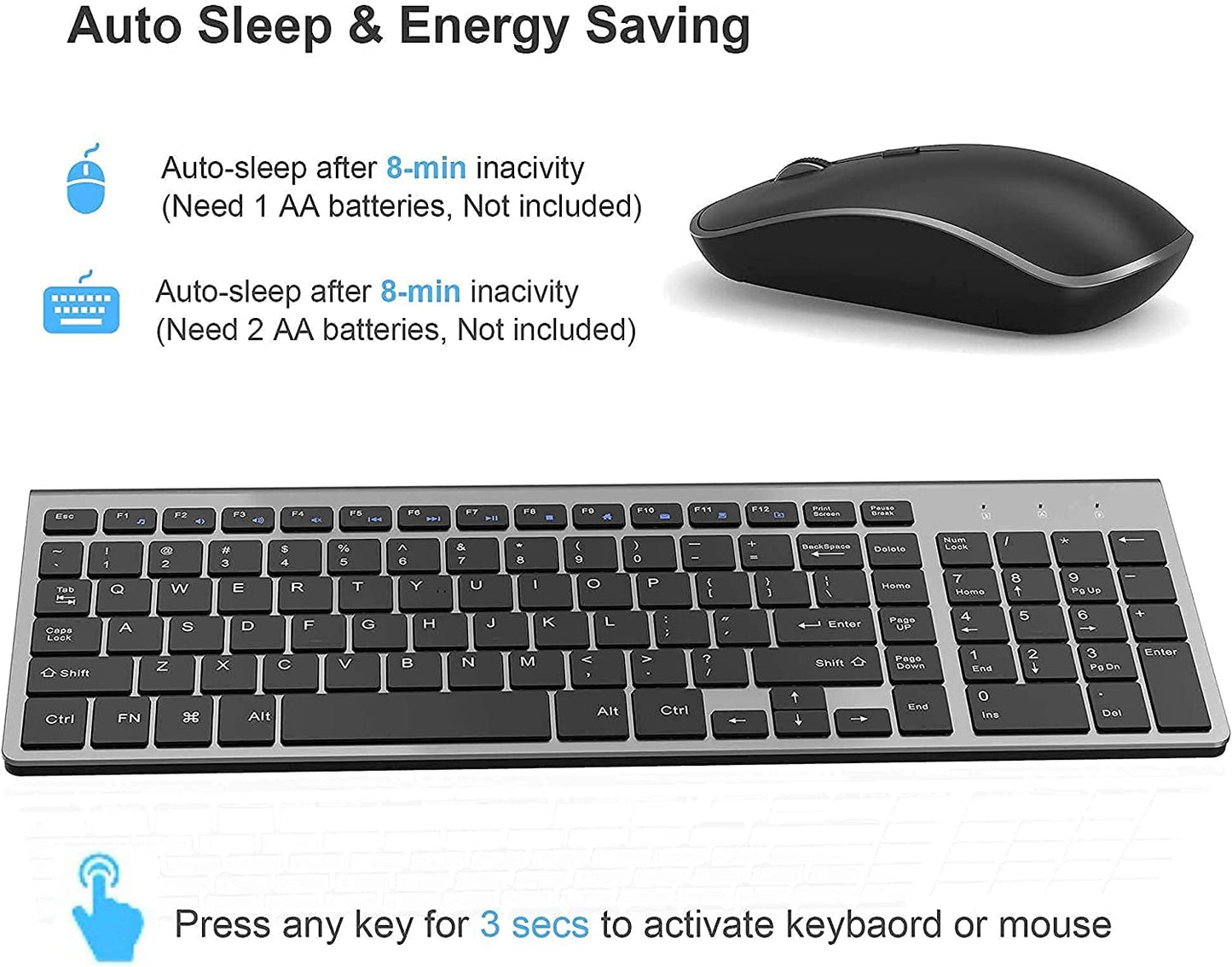 Wireless Keyboard and Mouse,J JOYACCESS 2.4G Ergonomic and Slim Wireless Computer Keyboard Mouse Designed for Windows, PC, Laptop,Tablet - Black Grey