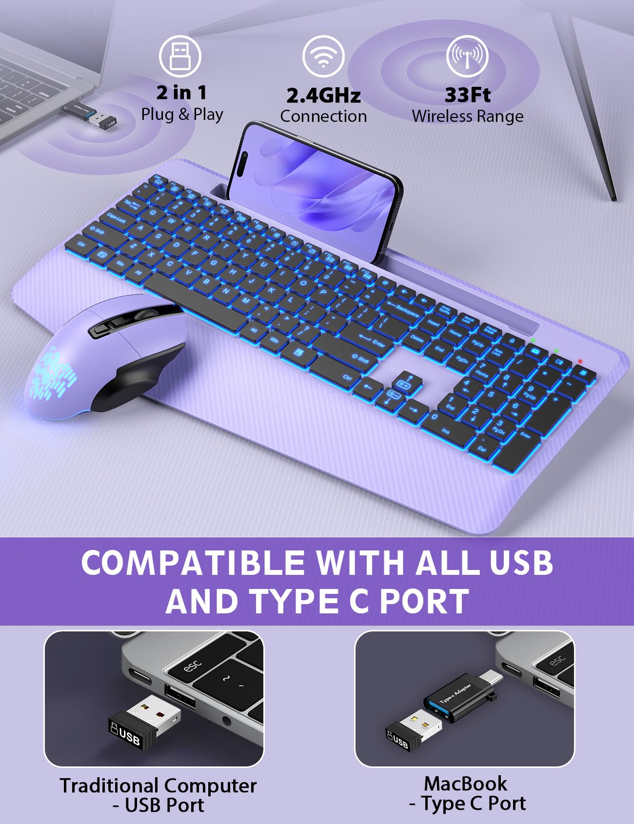 Wireless Keyboard and Mouse Backlits, Wrist Rest, Jiggler Mouse, Rechargeable Ergonomic Keyboard with Phone Holder, Silent Light Up Combo for Computer, Mac, PC, Laptop, Chromebook (Black)