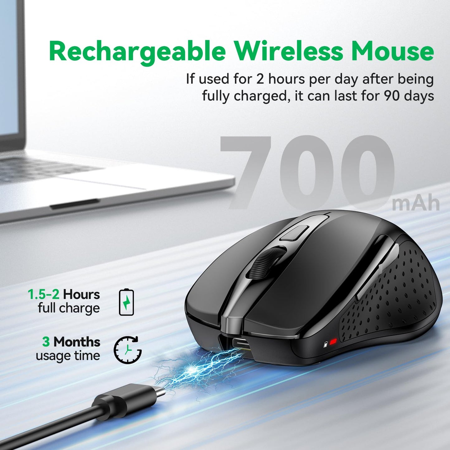 Wireless Mouse (BT5.0/3.0 & 2.4G) Rechargeable Bluetooth Mouse for Laptop, 4800 DPI Silent Computer Mouse, 8 Buttons Cordless Mouse for Mac, Portable PC Mouse for MacBook Pro Air Chromebook