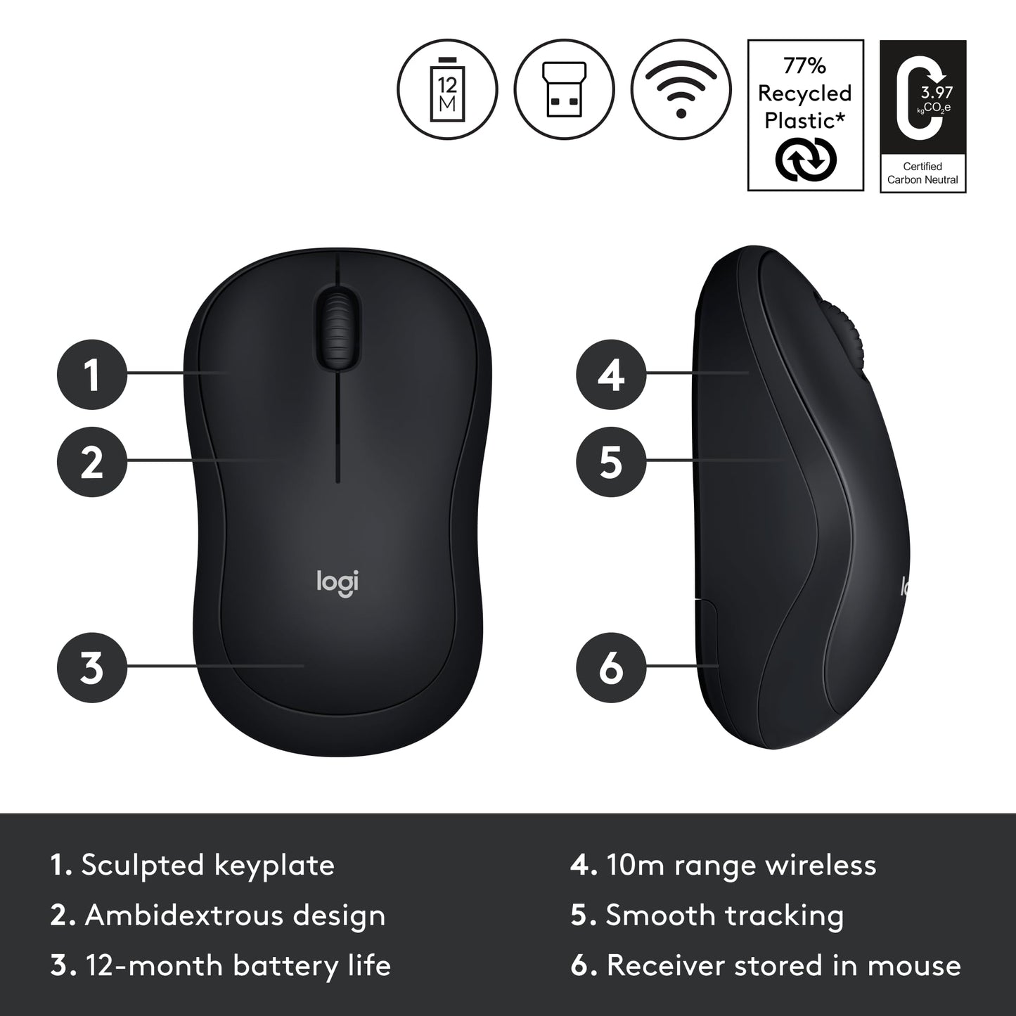 Logitech M185 Wireless Mouse, 2.4GHz with USB Mini Receiver, 12-Month Battery Life, 1000 DPI Optical Tracking, Ambidextrous PC/Mac/Laptop - Swift Gray