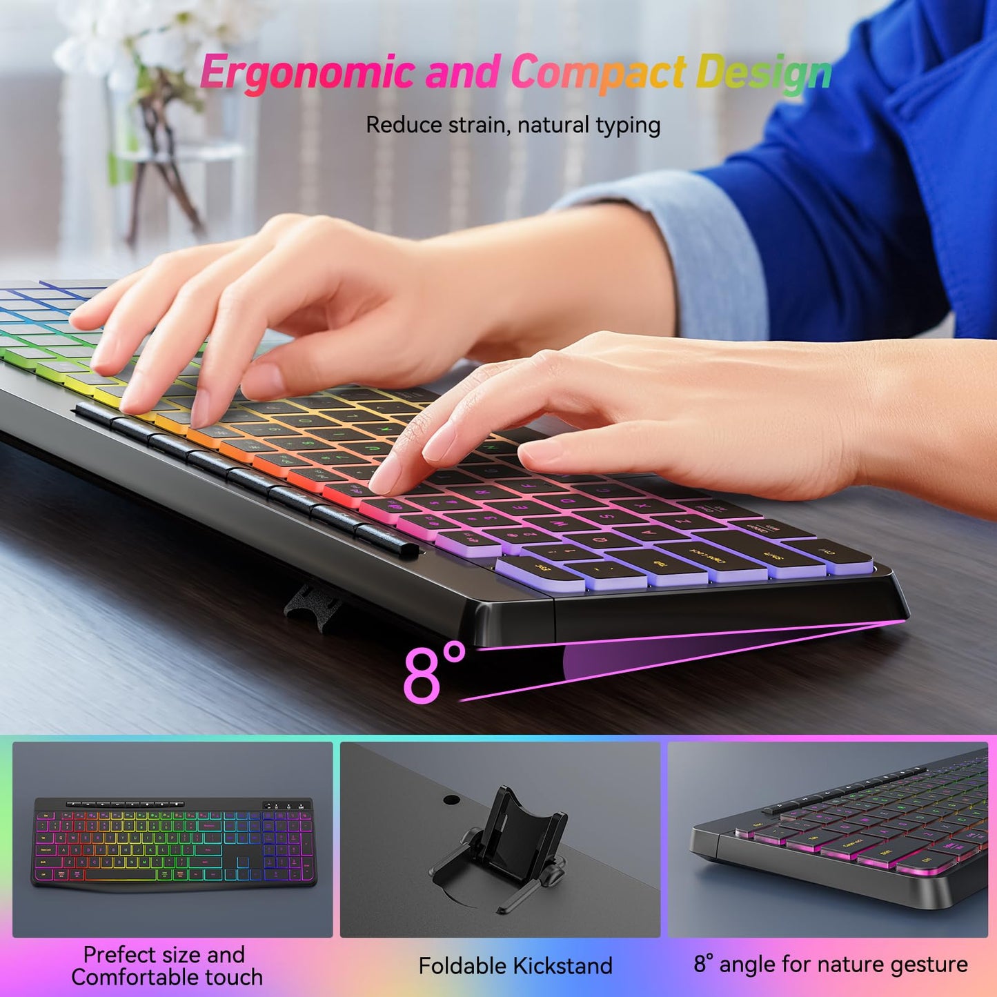 Wireless Keyboard and Mouse Combo With Backlit,2.4G Full Size Ergonomic Keyboard with Light Up Letters,Rechargeable and Slim RGB Mouse,Silent Click For Windows/MAC PC,Laptop,Chromebook,Surface,Macbook