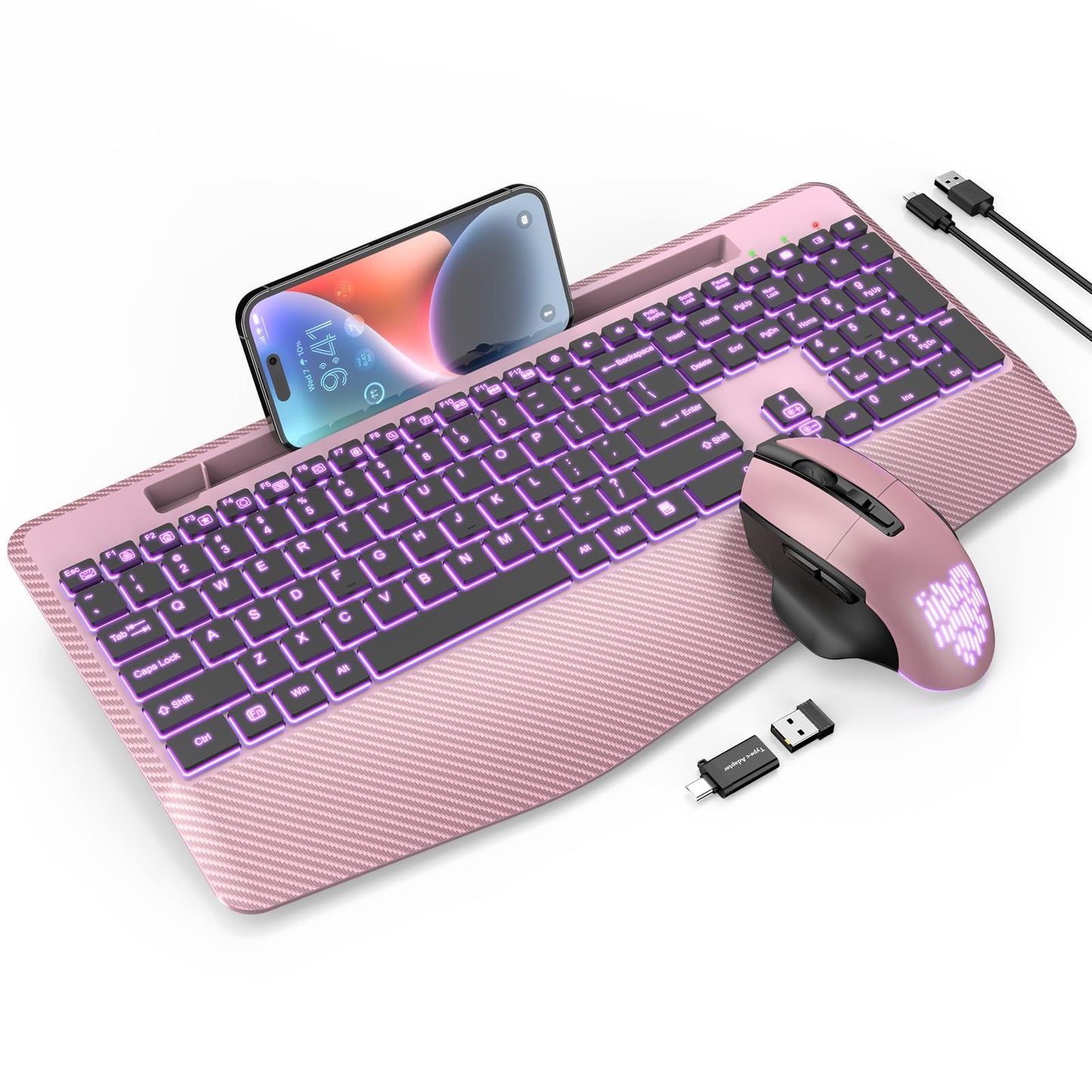 Wireless Keyboard and Mouse Backlits, Wrist Rest, Jiggler Mouse, Rechargeable Ergonomic Keyboard with Phone Holder, Silent Light Up Combo for Computer, Mac, PC, Laptop, Chromebook (Black)