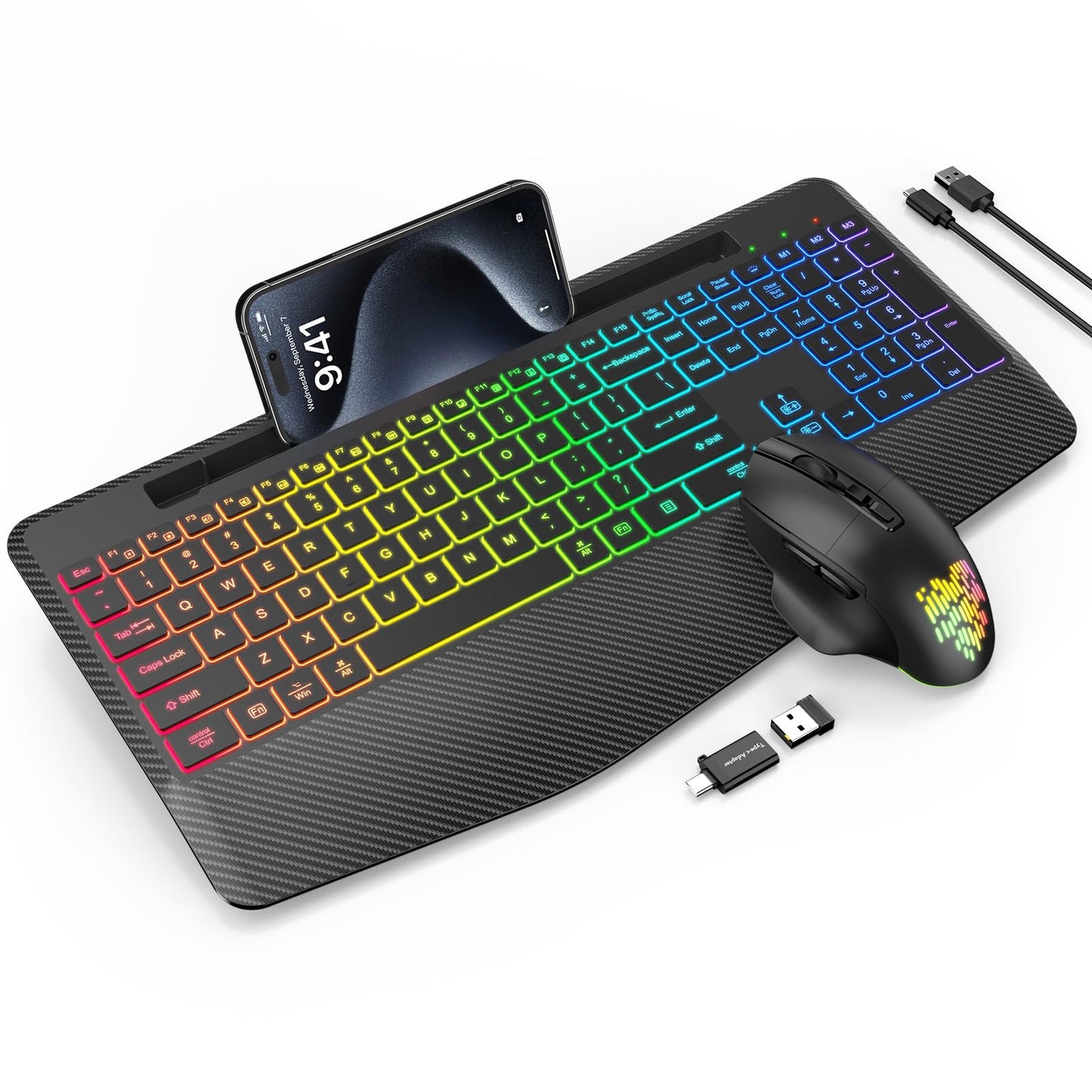 Wireless Keyboard and Mouse Backlits, Wrist Rest, Jiggler Mouse, Rechargeable Ergonomic Keyboard with Phone Holder, Silent Light Up Combo for Computer, Mac, PC, Laptop, Chromebook (Black)