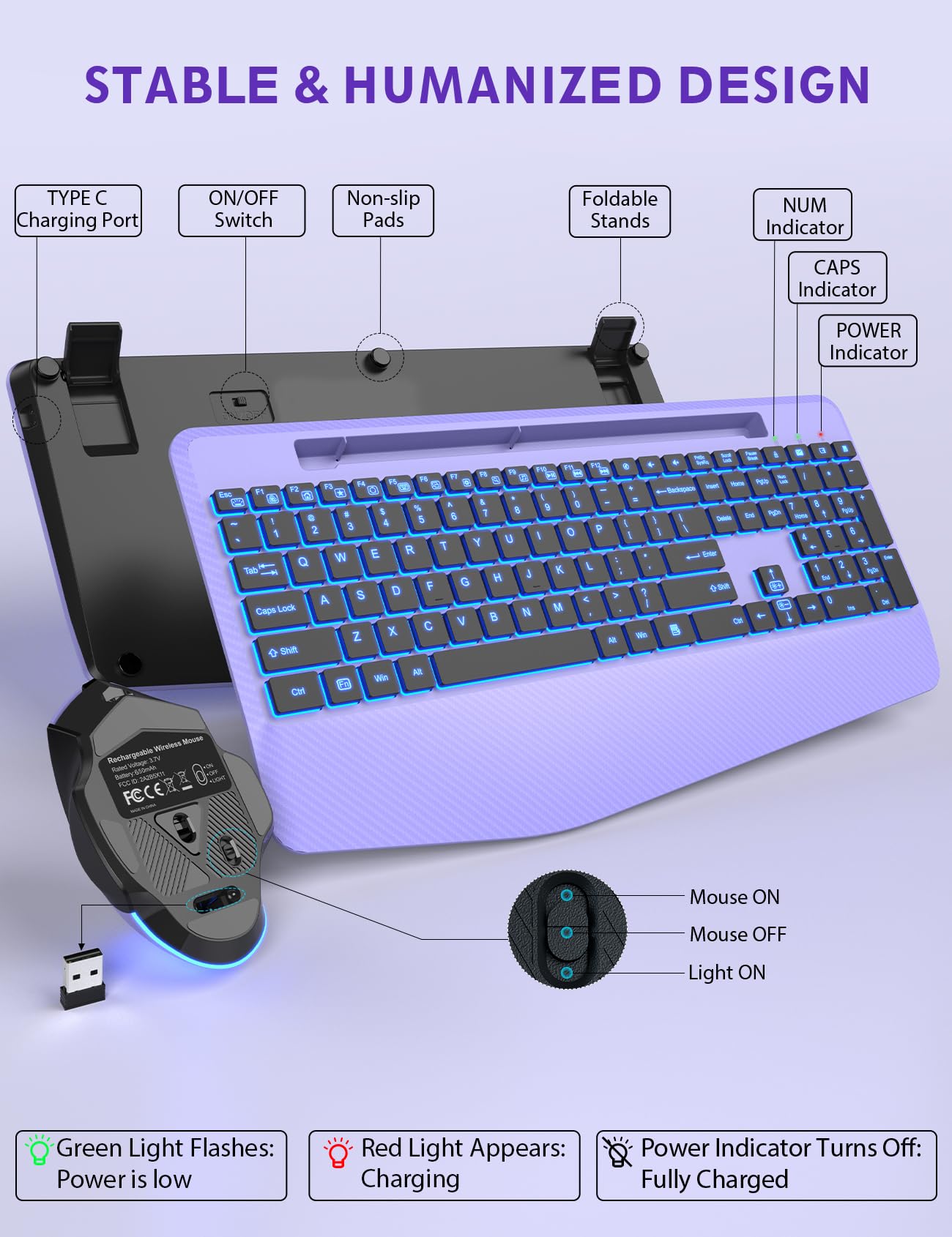 Wireless Keyboard and Mouse Backlits, Wrist Rest, Jiggler Mouse, Rechargeable Ergonomic Keyboard with Phone Holder, Silent Light Up Combo for Computer, Mac, PC, Laptop, Chromebook (Black)