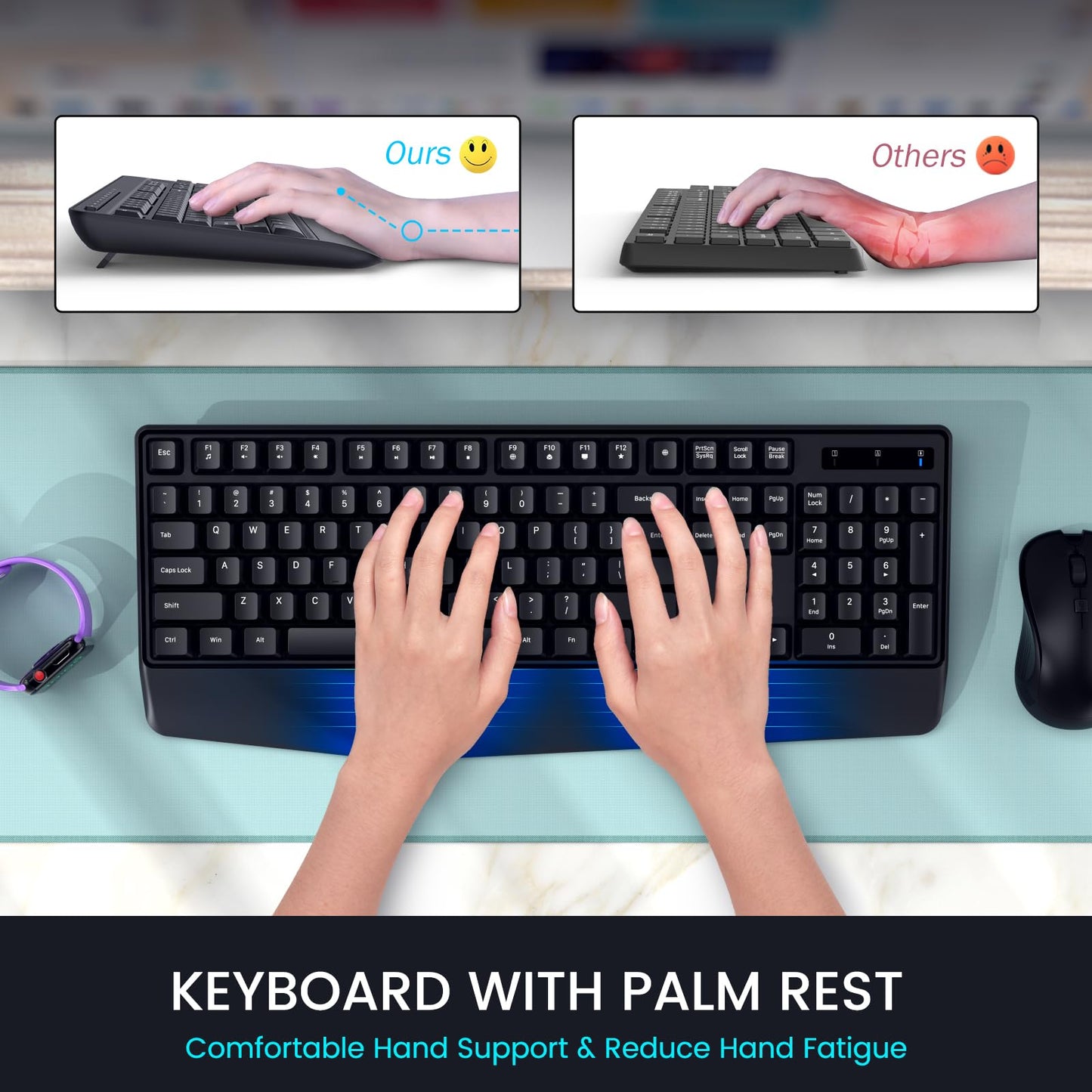 Wireless Keyboard Mouse Combo, 2.4GHz Receiver，Ergonomic Wireless Keyboard and Mouse with Palm Rest，Adjustable DPI，Compatibility with PC, Laptop, MacBook, Windows