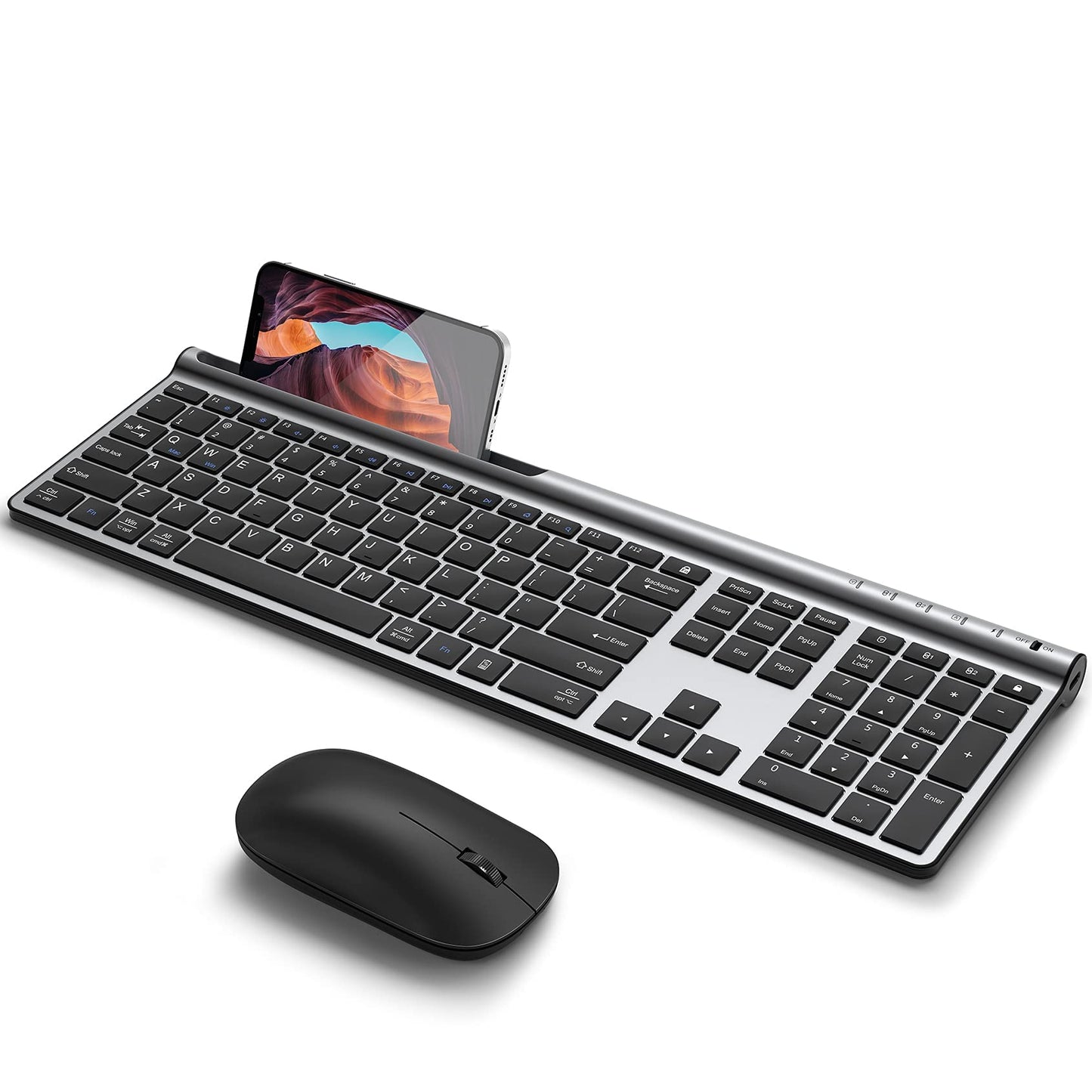 Wireless Keyboard and Mouse Combo, CHESONA Bluetooth Rechargeable Full Size Mulit-Device (Bluetooth 5.0+3.0+2.4G) Wireless Keyboard Mouse Combo for Mac OS/iOS/Windows/Android (Silver Black)