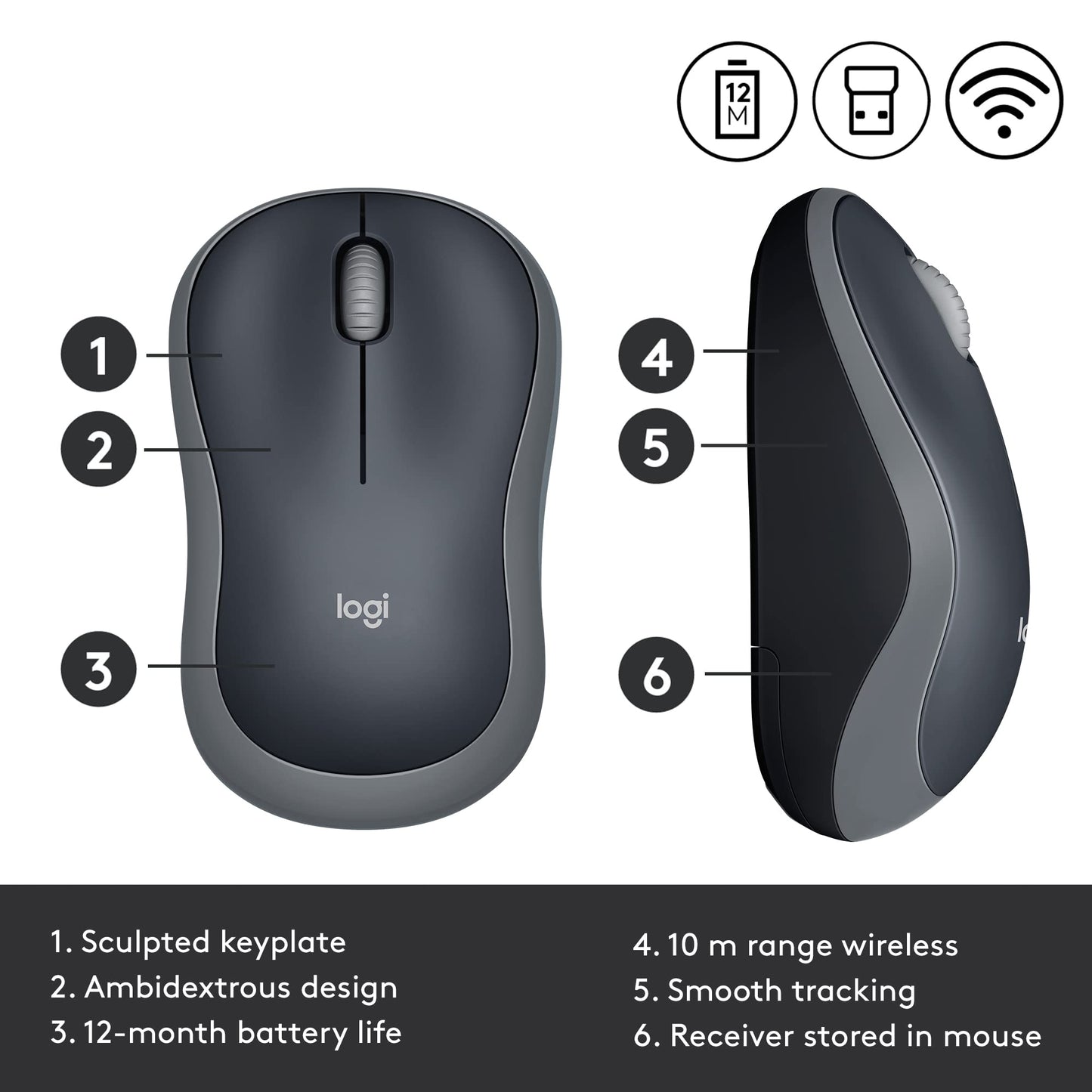 Logitech M185 Wireless Mouse, 2.4GHz with USB Mini Receiver, 12-Month Battery Life, 1000 DPI Optical Tracking, Ambidextrous PC/Mac/Laptop - Swift Gray