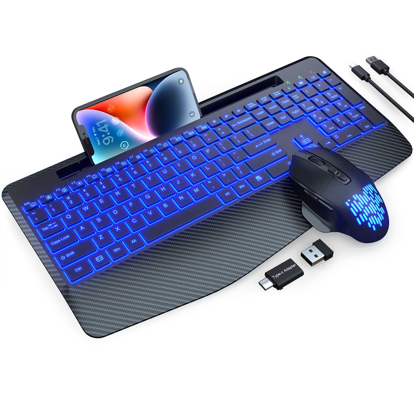 Wireless Keyboard and Mouse Backlits, Wrist Rest, Jiggler Mouse, Rechargeable Ergonomic Keyboard with Phone Holder, Silent Light Up Combo for Computer, Mac, PC, Laptop, Chromebook (Black)