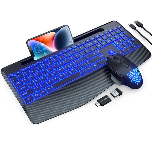 Wireless Keyboard and Mouse Backlits, Wrist Rest, Jiggler Mouse, Rechargeable Ergonomic Keyboard with Phone Holder, Silent Light Up Combo for Computer, Mac, PC, Laptop, Chromebook (Black)