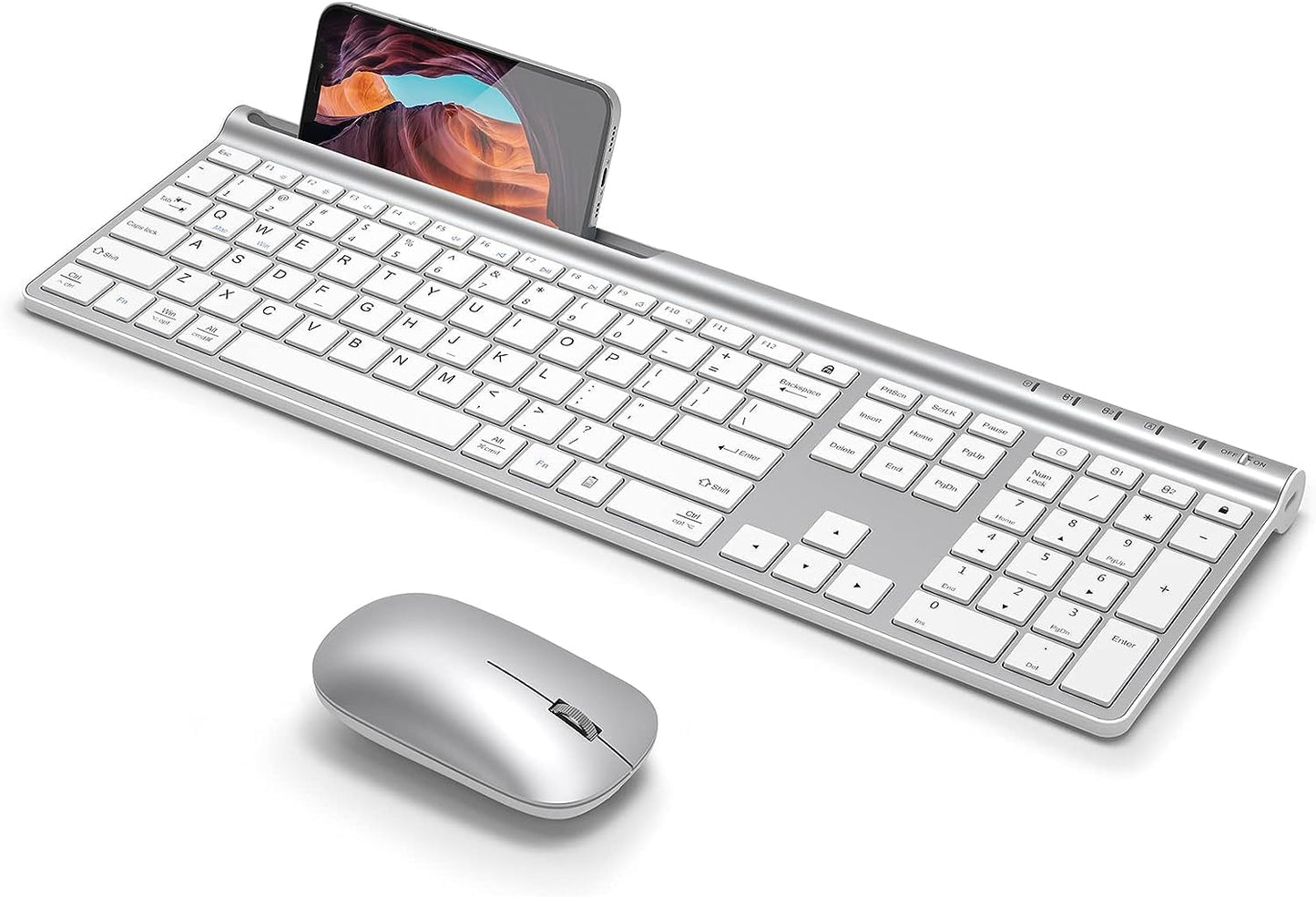 Wireless Keyboard and Mouse Combo, CHESONA Bluetooth Rechargeable Full Size Mulit-Device (Bluetooth 5.0+3.0+2.4G) Wireless Keyboard Mouse Combo for Mac OS/iOS/Windows/Android (Silver Black)