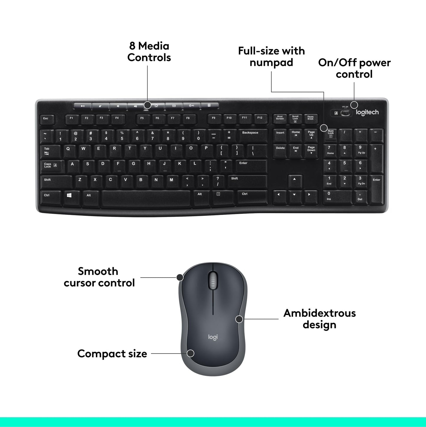 Logitech MK270 Wireless Keyboard And Mouse Combo For Windows, 2.4 GHz Wireless, Compact Mouse, 8 Multimedia And Shortcut Keys, For PC, Laptop - Black