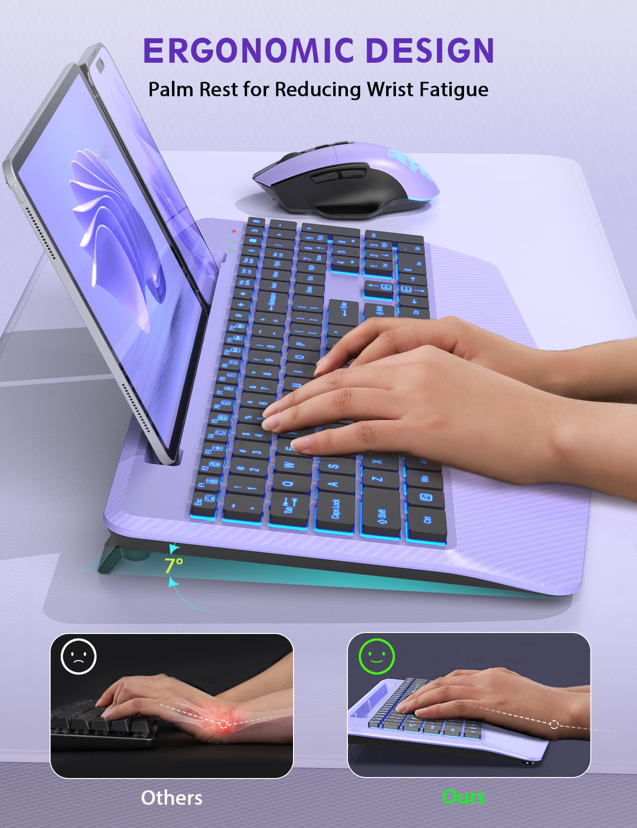 Wireless Keyboard and Mouse Backlits, Wrist Rest, Jiggler Mouse, Rechargeable Ergonomic Keyboard with Phone Holder, Silent Light Up Combo for Computer, Mac, PC, Laptop, Chromebook (Black)