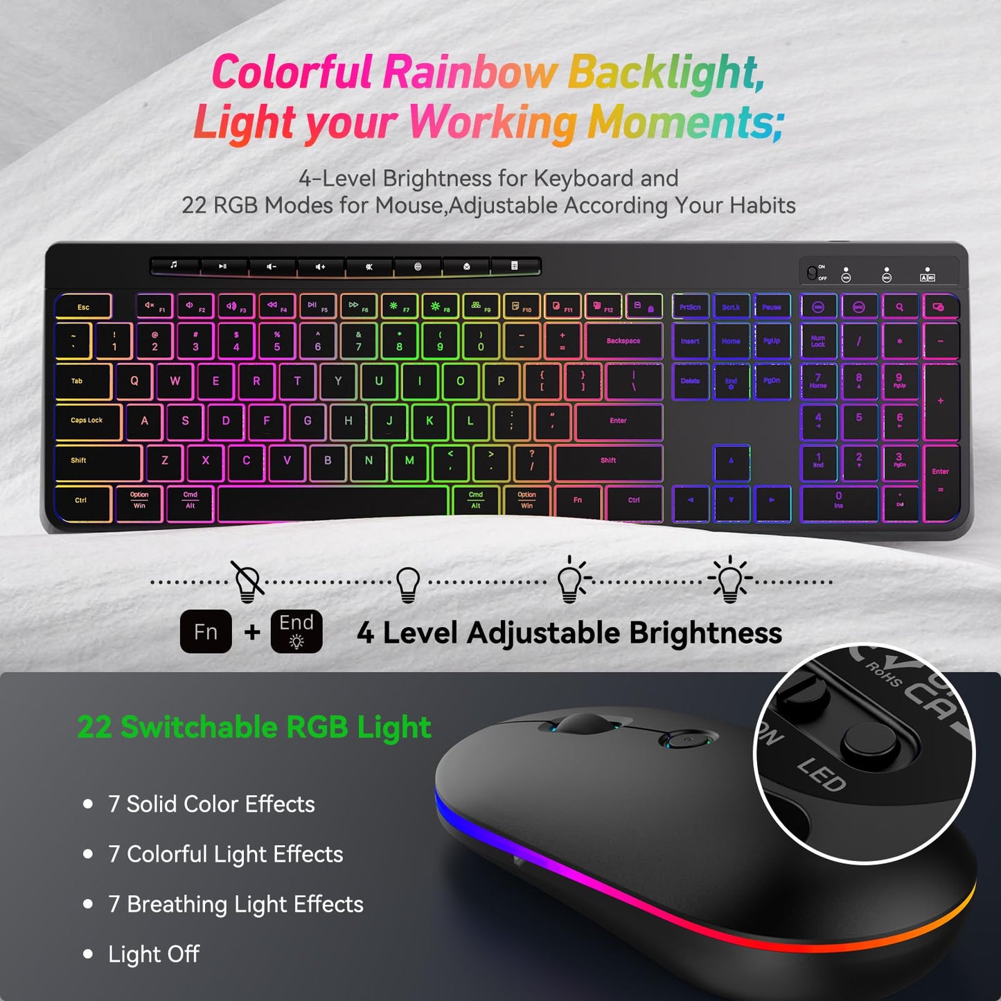 Wireless Keyboard and Mouse Combo With Backlit,2.4G Full Size Ergonomic Keyboard with Light Up Letters,Rechargeable and Slim RGB Mouse,Silent Click For Windows/MAC PC,Laptop,Chromebook,Surface,Macbook