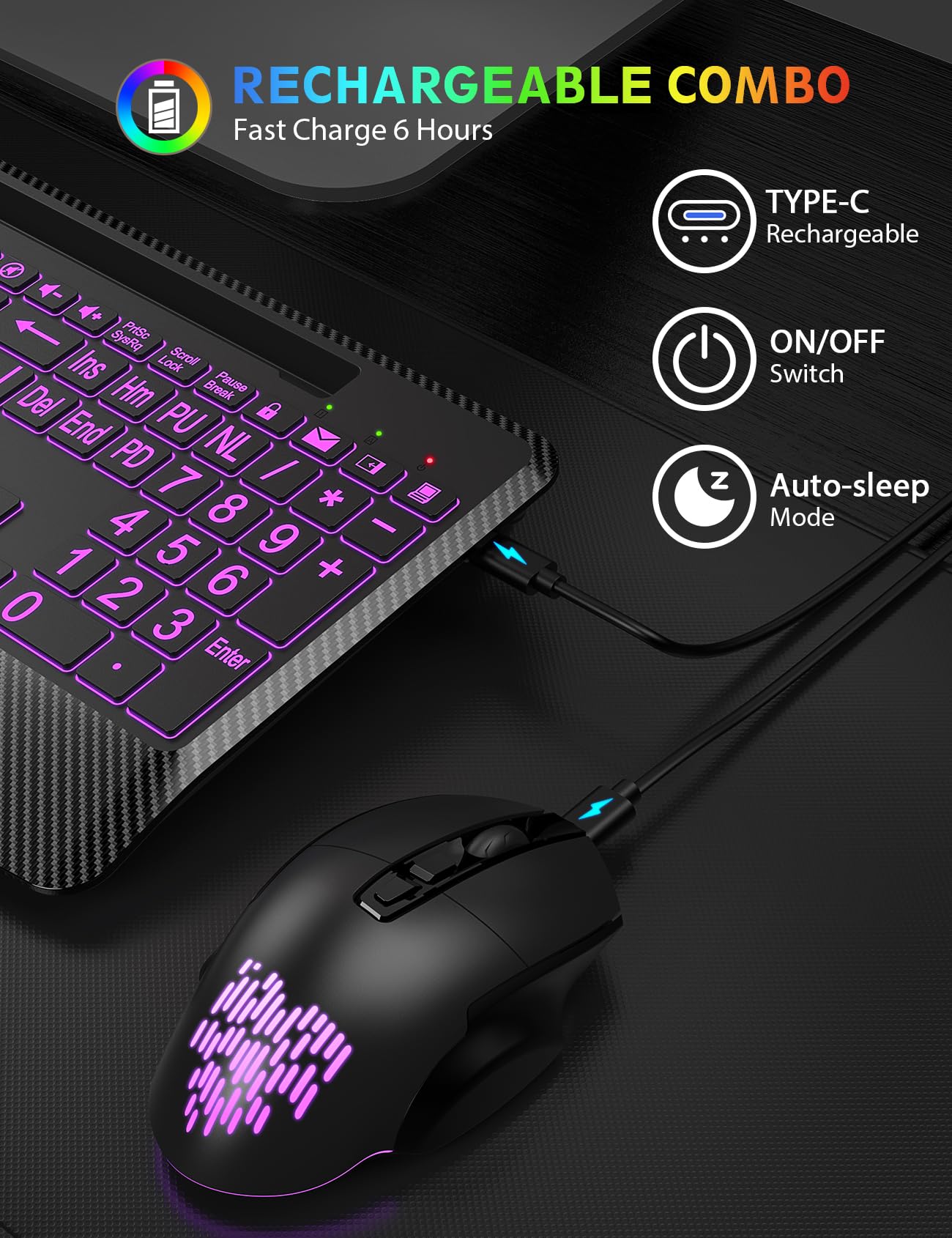 Wireless Keyboard and Mouse Backlits, Wrist Rest, Jiggler Mouse, Rechargeable Ergonomic Keyboard with Phone Holder, Silent Light Up Combo for Computer, Mac, PC, Laptop, Chromebook (Black)