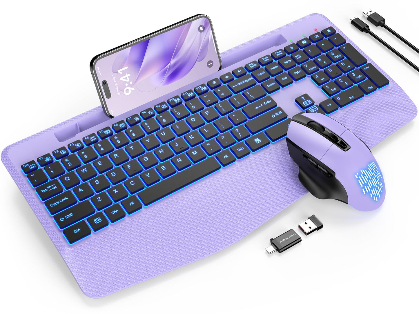 Wireless Keyboard and Mouse Backlits, Wrist Rest, Jiggler Mouse, Rechargeable Ergonomic Keyboard with Phone Holder, Silent Light Up Combo for Computer, Mac, PC, Laptop, Chromebook (Black)