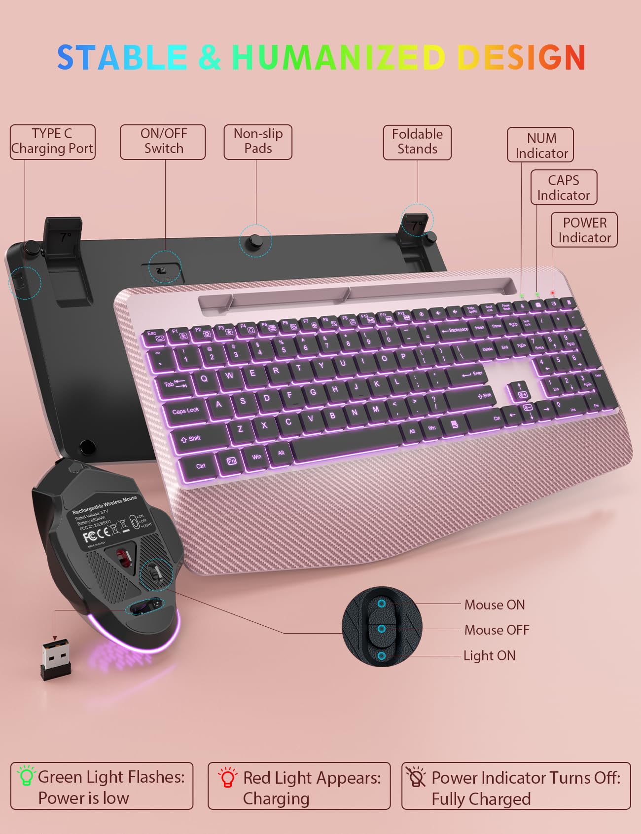 Wireless Keyboard and Mouse Backlits, Wrist Rest, Jiggler Mouse, Rechargeable Ergonomic Keyboard with Phone Holder, Silent Light Up Combo for Computer, Mac, PC, Laptop, Chromebook (Black)