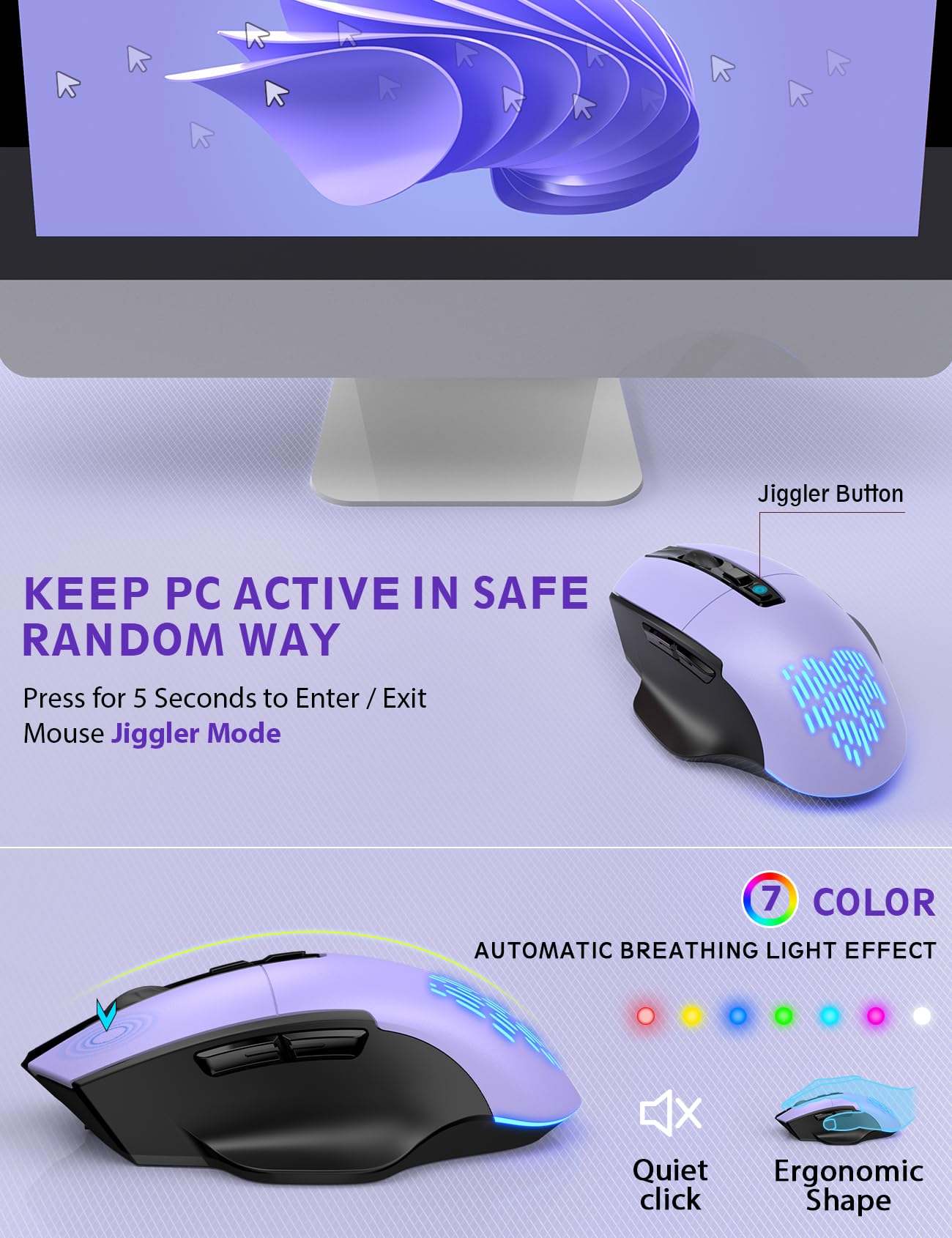 Wireless Keyboard and Mouse Backlits, Wrist Rest, Jiggler Mouse, Rechargeable Ergonomic Keyboard with Phone Holder, Silent Light Up Combo for Computer, Mac, PC, Laptop, Chromebook (Black)