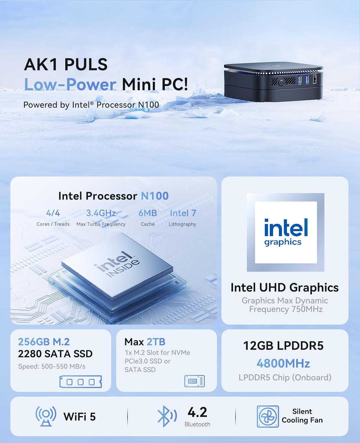 KAMRUI Mini PC,12th Intel Alder Lake- N100 up to 3.4 GHz,Mini Desktop Computer 12GB LPDDR5 256GB M.2 SSD,Mini Computer Support 2.5" SSD (up to 2TB),2.4G/ 5.0G WiFi,BT,4K, Business, Home, Office