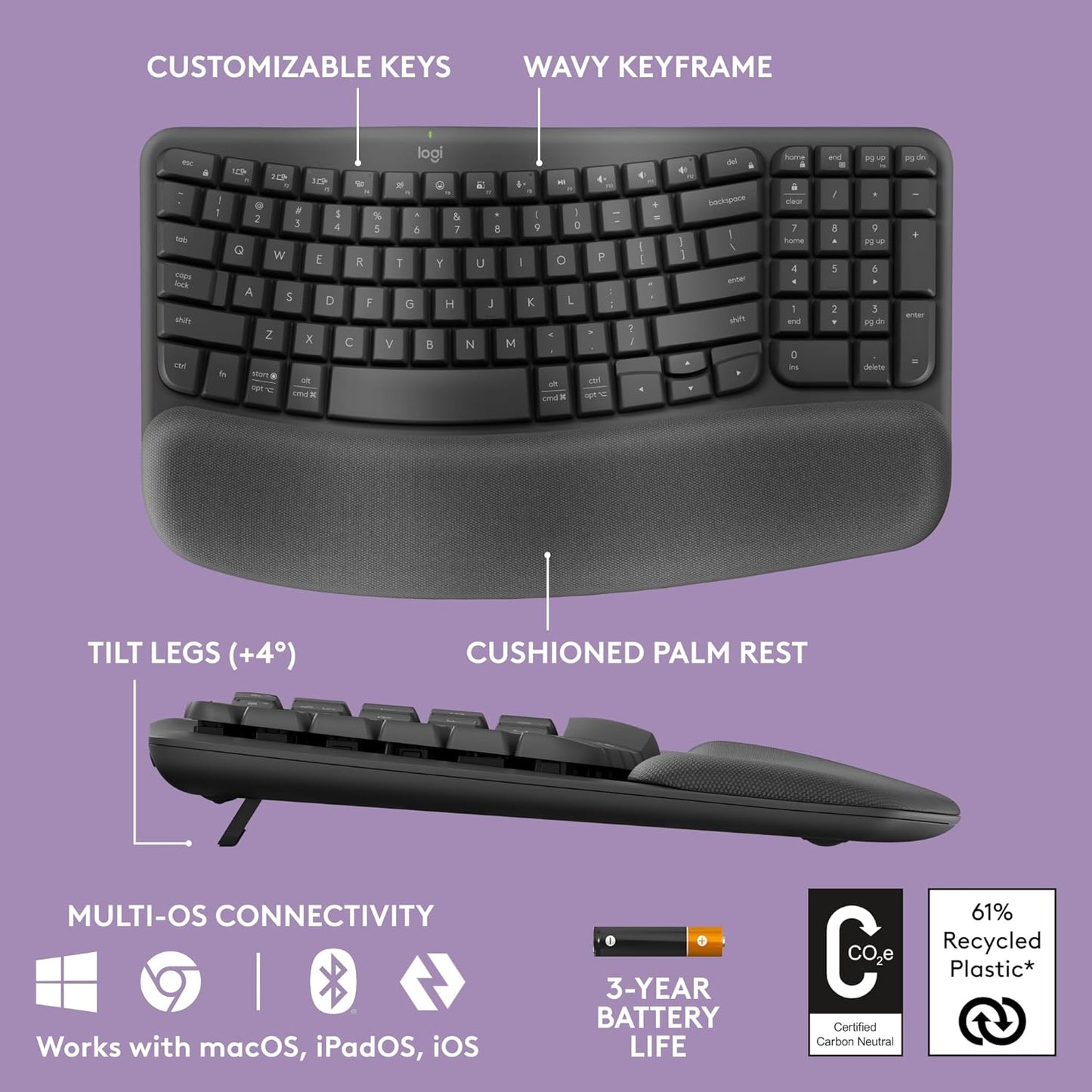 Logitech Wave Keys MK670 Combo, Wireless Ergonomic Keyboard with Signature M550 L Wireless Mouse, Comfortable Natural Typing, Bluetooth, Logi Bolt, for Multi-OS, Windows/Mac - Graphite