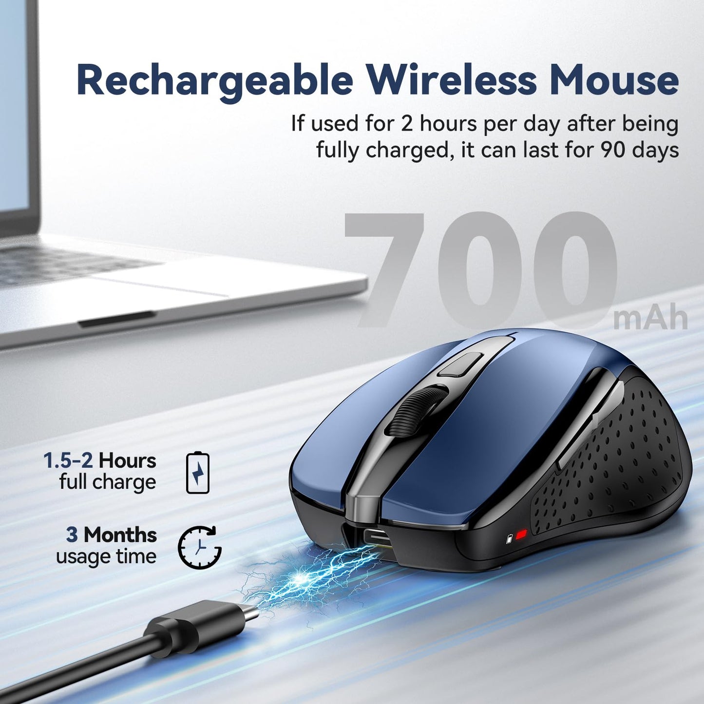 Wireless Mouse (BT5.0/3.0 & 2.4G) Rechargeable Bluetooth Mouse for Laptop, 4800 DPI Silent Computer Mouse, 8 Buttons Cordless Mouse for Mac, Portable PC Mouse for MacBook Pro Air Chromebook