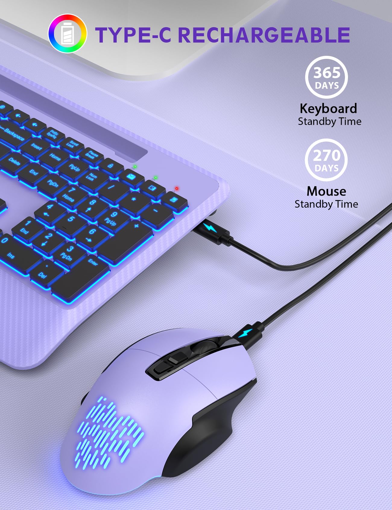 Wireless Keyboard and Mouse Backlits, Wrist Rest, Jiggler Mouse, Rechargeable Ergonomic Keyboard with Phone Holder, Silent Light Up Combo for Computer, Mac, PC, Laptop, Chromebook (Black)