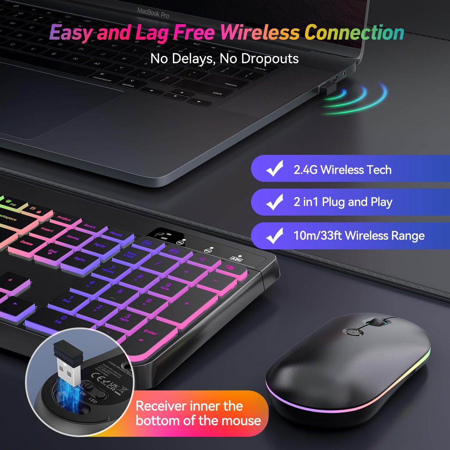 Wireless Keyboard and Mouse Combo With Backlit,2.4G Full Size Ergonomic Keyboard with Light Up Letters,Rechargeable and Slim RGB Mouse,Silent Click For Windows/MAC PC,Laptop,Chromebook,Surface,Macbook