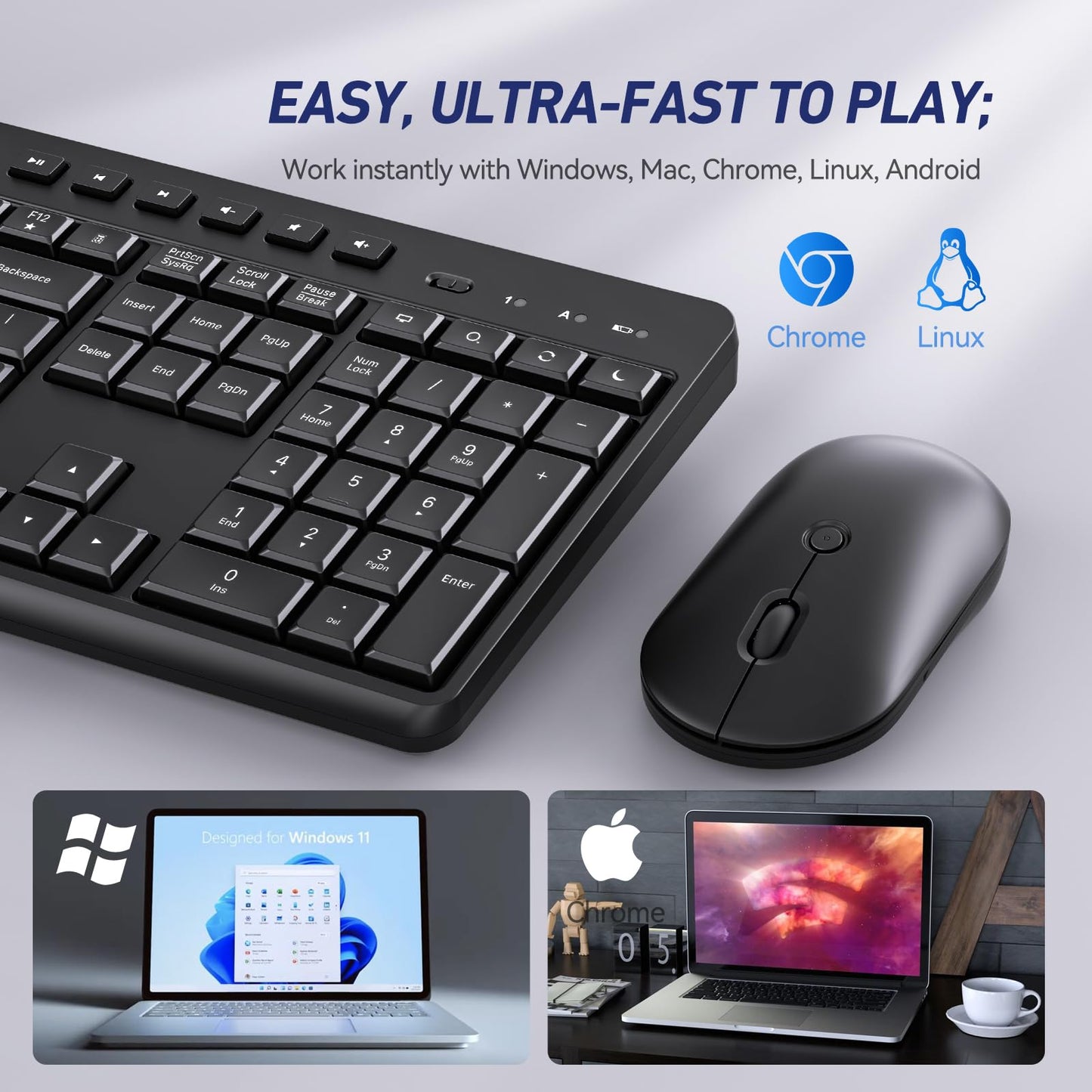 Wireless Keyboard and Mouse Combo, Acebaff 2.4G Quiet Wireless Keyboard Mouse with Phone Tablet Holder,11 Shortcut Keys,Cordless USB Mouse and Keyboard for Computer,PC,Mac,Windows