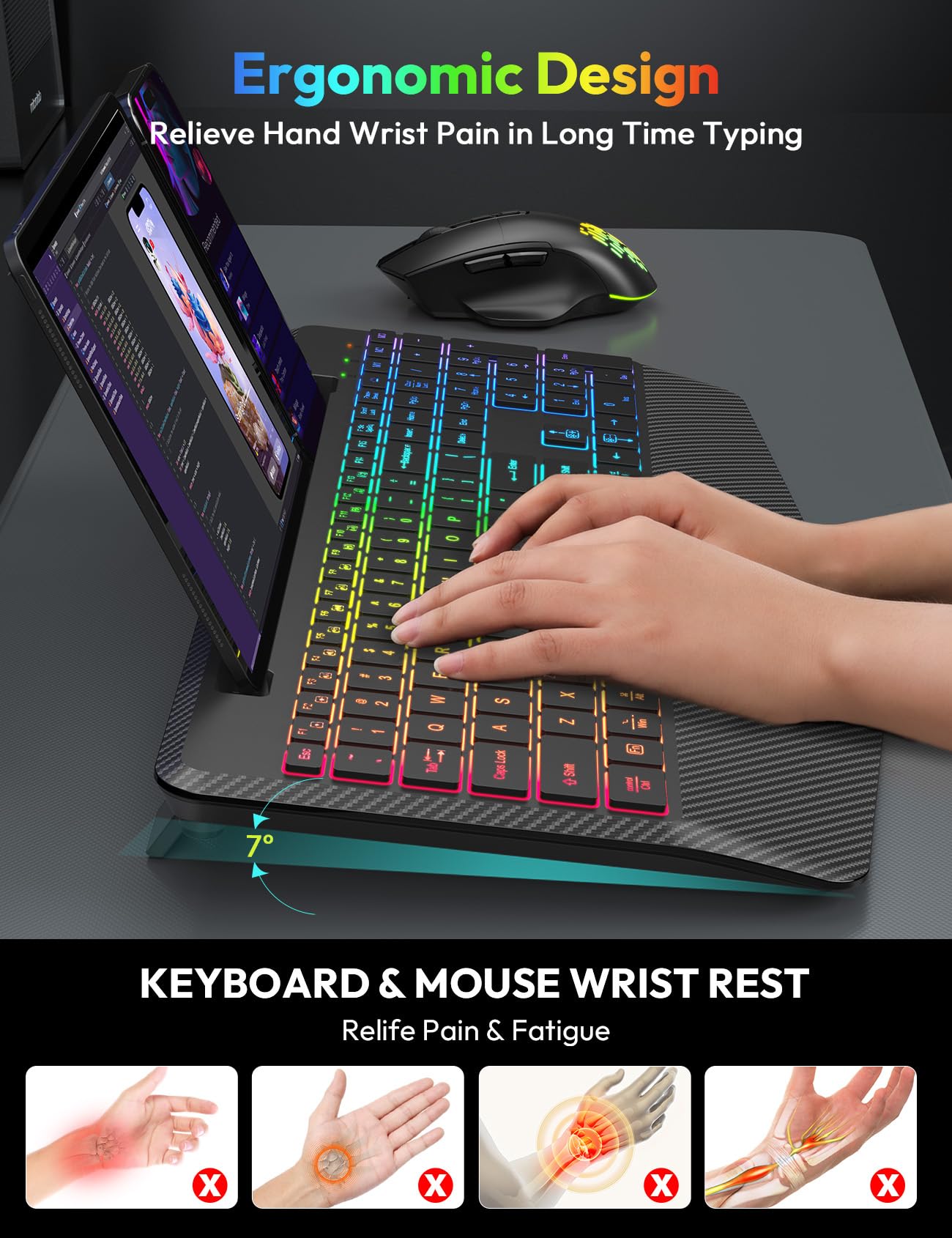 Wireless Keyboard and Mouse Backlits, Wrist Rest, Jiggler Mouse, Rechargeable Ergonomic Keyboard with Phone Holder, Silent Light Up Combo for Computer, Mac, PC, Laptop, Chromebook (Black)