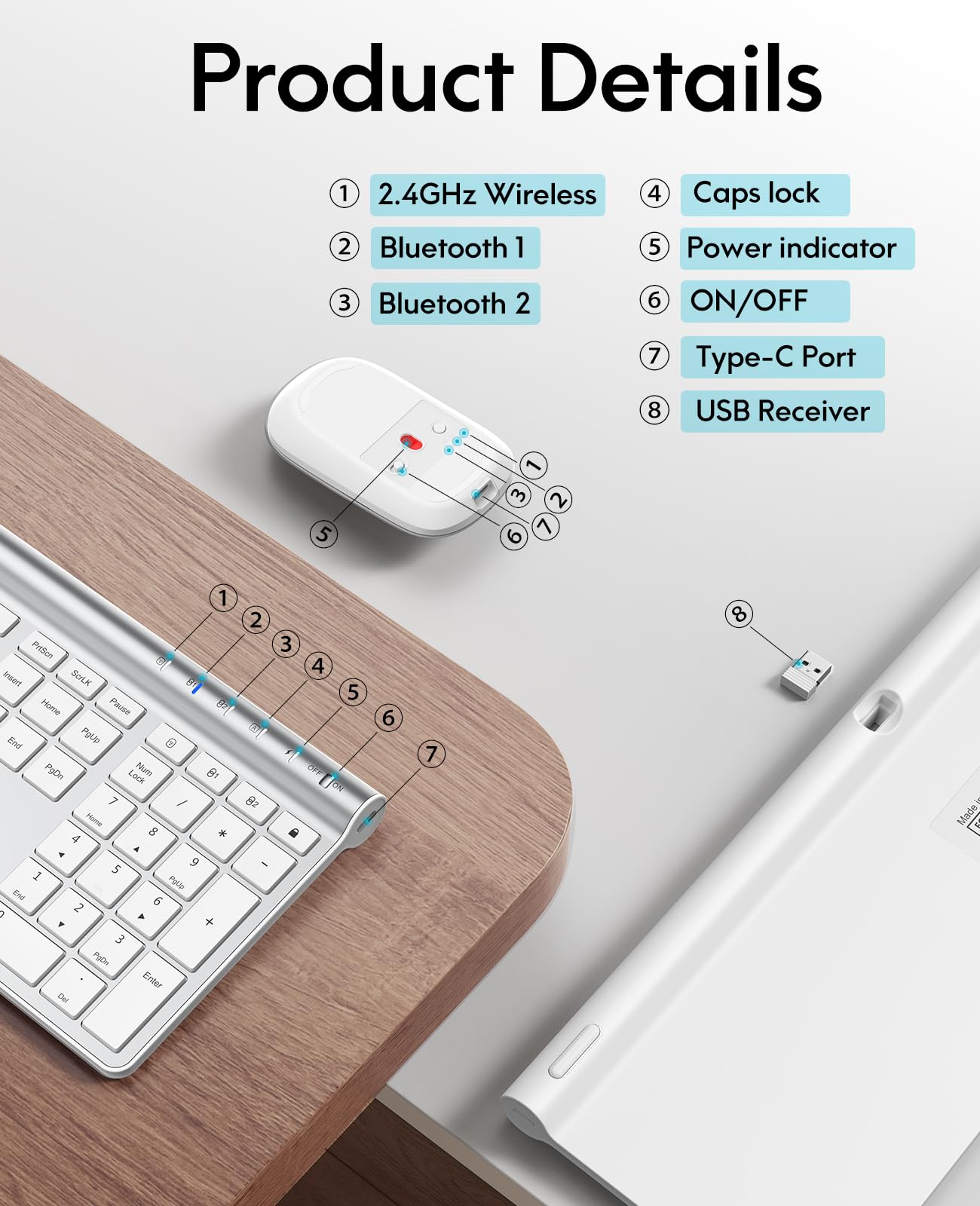 Wireless Keyboard and Mouse Combo, CHESONA Bluetooth Rechargeable Full Size Mulit-Device (Bluetooth 5.0+3.0+2.4G) Wireless Keyboard Mouse Combo for Mac OS/iOS/Windows/Android (Silver Black)