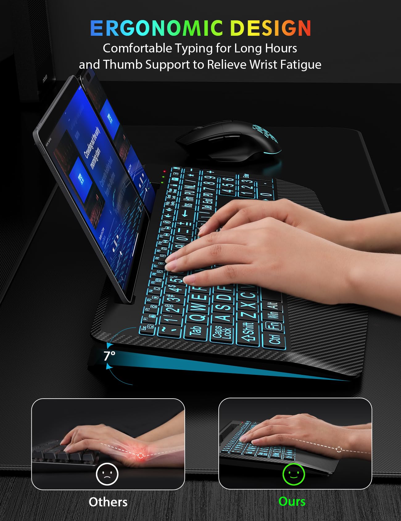 Wireless Keyboard and Mouse Backlits, Wrist Rest, Jiggler Mouse, Rechargeable Ergonomic Keyboard with Phone Holder, Silent Light Up Combo for Computer, Mac, PC, Laptop, Chromebook (Black)