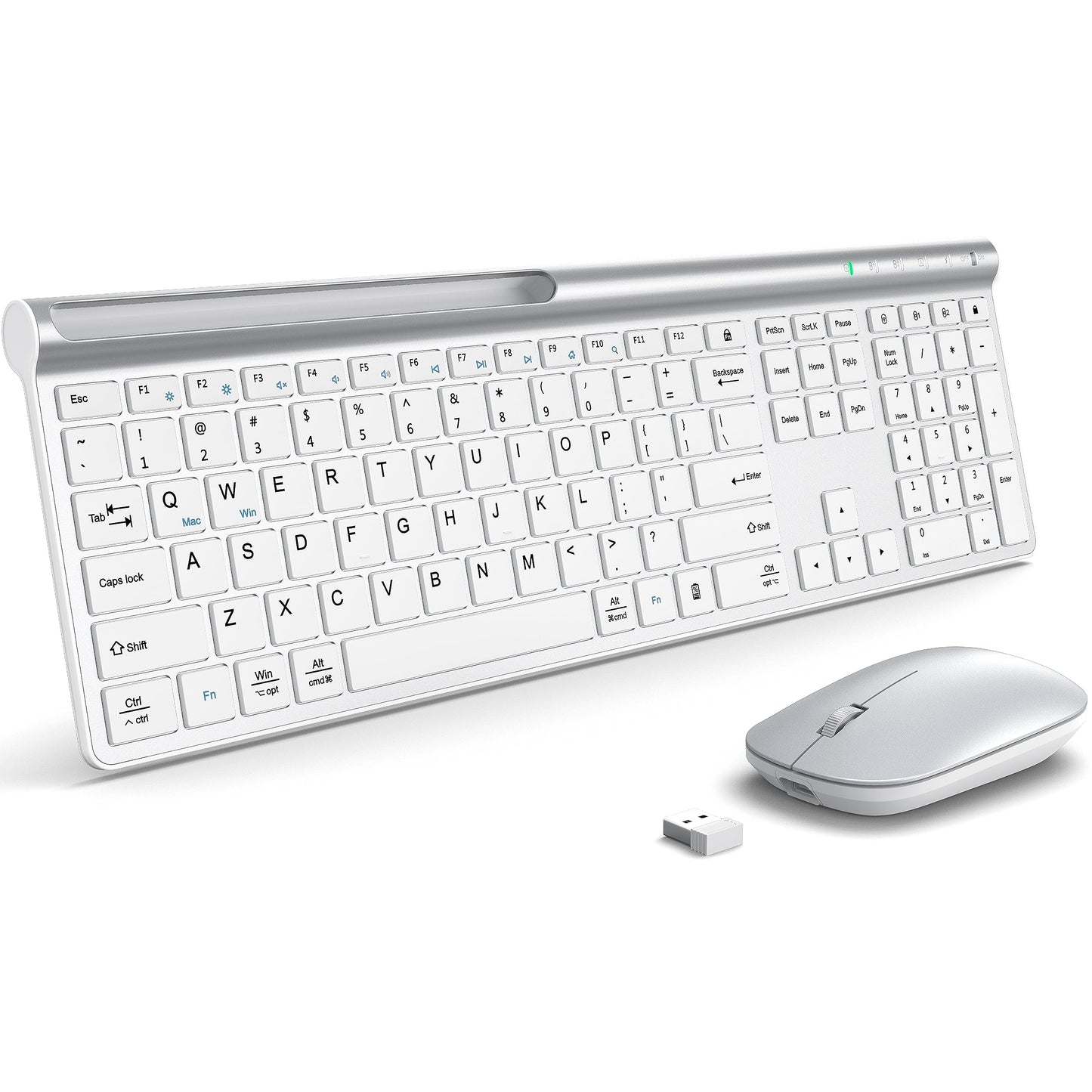 Wireless Keyboard and Mouse Combo, CHESONA Bluetooth Rechargeable Full Size Mulit-Device (Bluetooth 5.0+3.0+2.4G) Wireless Keyboard Mouse Combo for Mac OS/iOS/Windows/Android (Silver Black)