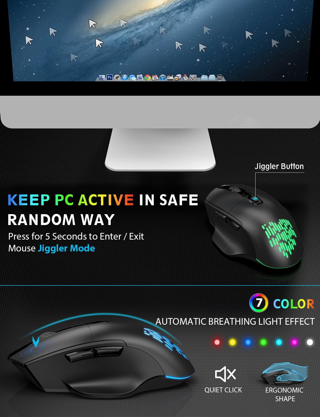 Wireless Keyboard and Mouse Backlits, Wrist Rest, Jiggler Mouse, Rechargeable Ergonomic Keyboard with Phone Holder, Silent Light Up Combo for Computer, Mac, PC, Laptop, Chromebook (Black)