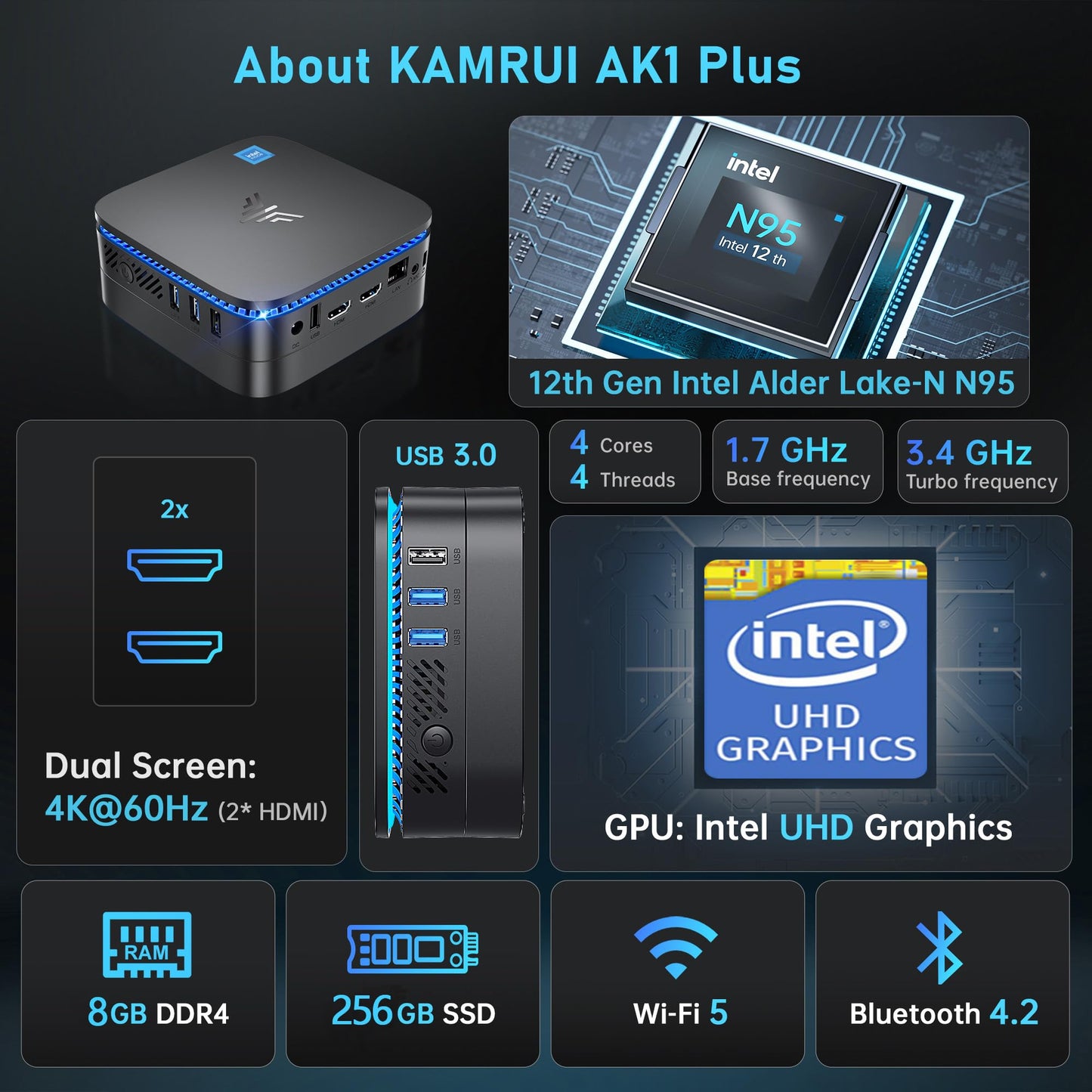 KAMRUI AK1 Plus Mini PC with Windows 11, 12th Gen N95 Processor(Up to 3.4GHz), Mini Desktop Computers 8GB DDR4 256GB SSD Support 4K Display, WiFi/BT 4.2 for Business, Office, Home Server