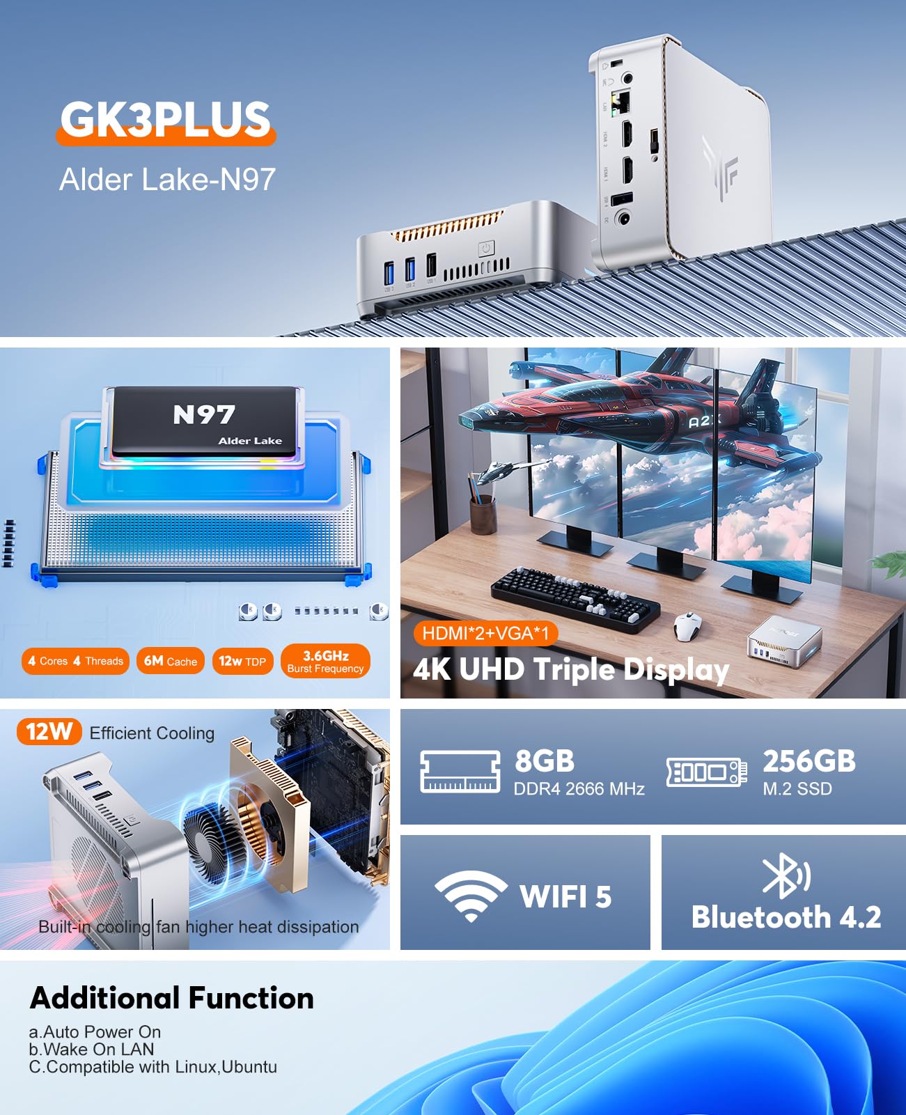 KAMRUI Mini PC GK3Plus,12th Alder Lake N97(up to 3.6GHz) Mini Computers,8GB DDR4 256GB M.2 SSD Micro PC,Support VGA 4K Triple Display,WiFi5,BT4.2,VESA,Gigabit Ethernet Desktop Computer for Home Office