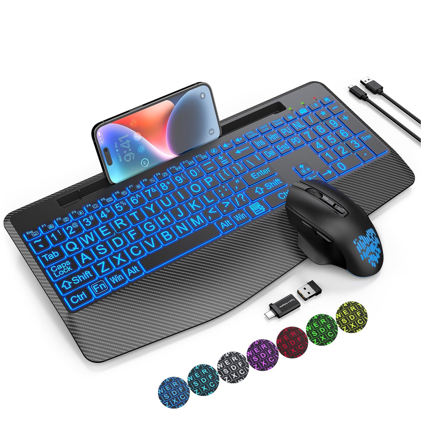 Wireless Keyboard and Mouse Backlits, Wrist Rest, Jiggler Mouse, Rechargeable Ergonomic Keyboard with Phone Holder, Silent Light Up Combo for Computer, Mac, PC, Laptop, Chromebook (Black)